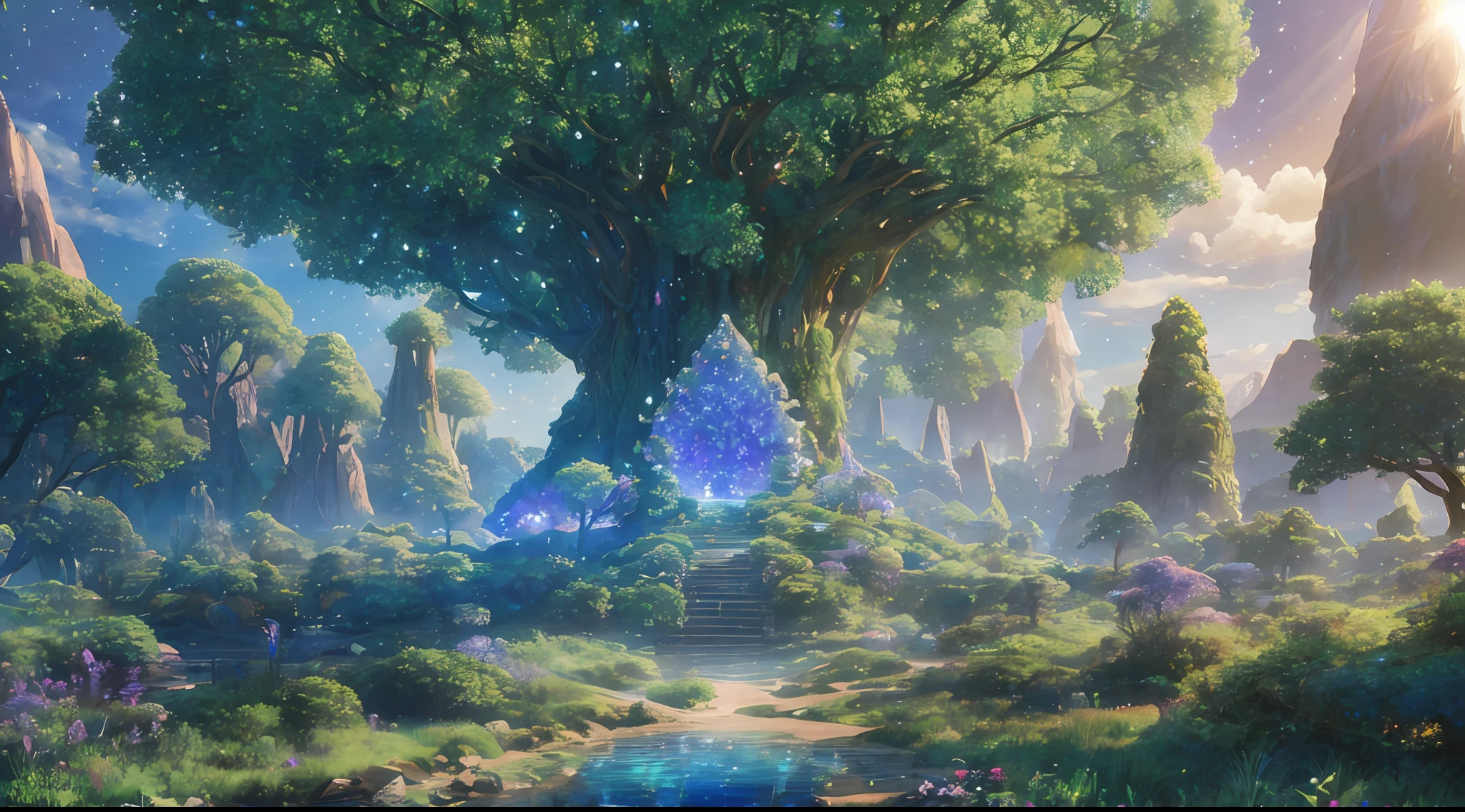 Illustration of a hyperrealistic , otherworldly, ultrasky scene featuring a giant crystal tree full body,very detailed and magical lighting, intricate forest details, vegetation and river around, solarpunk ,landscape, giant tree, beatifull leafy with beautiful lighting and realistic proportions, as if it were a cinematic background, 8k, highest quality, masterpiece, clouds and stars in the sky.