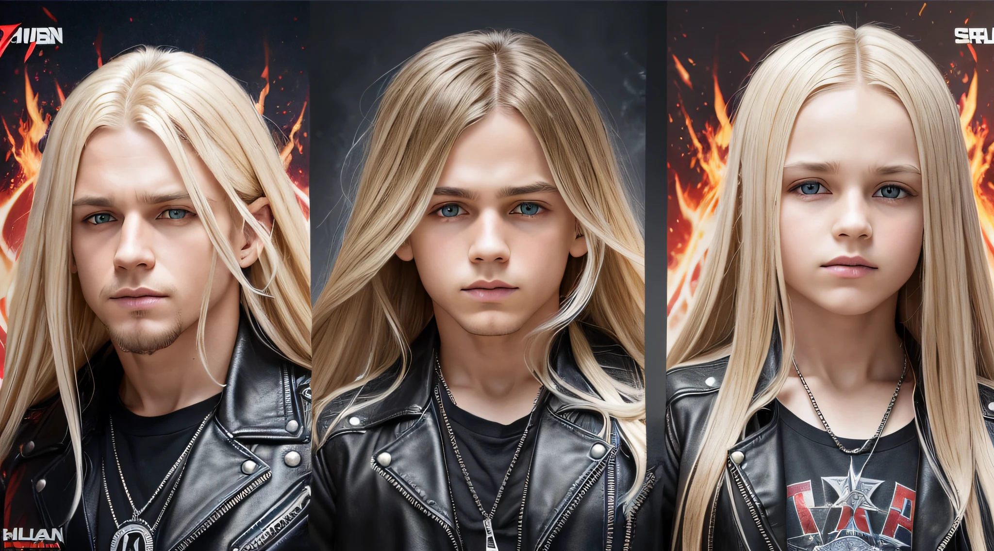 3 BOYS Russian children with 20 years WITH LONG STRAIGHT BLONDE HAIR, LEATHER JACKET AND BLACK CLOTHING, PORTRAIT STYLE, a closeup, album cover, evil album cover, alternate album cover, metal album cover, album cover, 2 0 0 6 promotional publicity photo, metallica, heavy rock band promotional photo,  drew struzan tomasz alen kopera, album art, album cover art, megadeth, maiden, album, heavy metal album cover, LOTS OF FIRE, HELLISH.