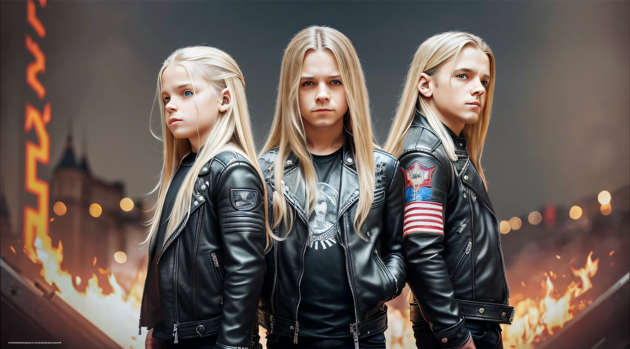 3 BOYS Russian children with 20 years WITH LONG STRAIGHT BLONDE HAIR, LEATHER JACKET AND BLACK CLOTHING, PORTRAIT STYLE, a closeup, album cover, evil album cover, alternate album cover, metal album cover, album cover, 2 0 0 6 promotional publicity photo, metallica, heavy rock band promotional photo,  drew struzan tomasz alen kopera, album art, album cover art, megadeth, maiden, album, heavy metal album cover, LOTS OF FIRE, HELLISH.