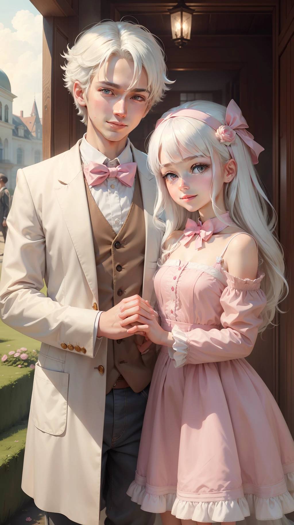 Masterpiece, real, best quality, super detailed, illustration, beautiful detailed eyes, close-up, with a boy and a girl. It is white hair, healing smile, pink bow, holding hands