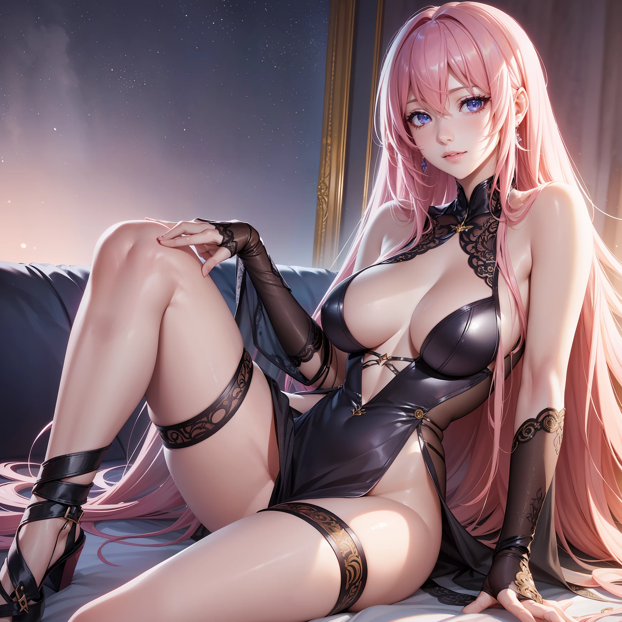 (gorgeous dress), (half-undressed), Megurine Luka, pink hair, photorealistic, slender body, (seductive anime girl), beautiful style, beautiful attractive anime woman, (full body), smile, (sitting on sofa, lying on her back, legs open), masterpiece portrait, 3D face, (glowing blue eyes), live stage, ecchi anime style, ( Detailed skin texture, detailed cloth texture, detailed hair texture), (beautiful detailed face, supermodel, pale skin, realistic glowing skin),