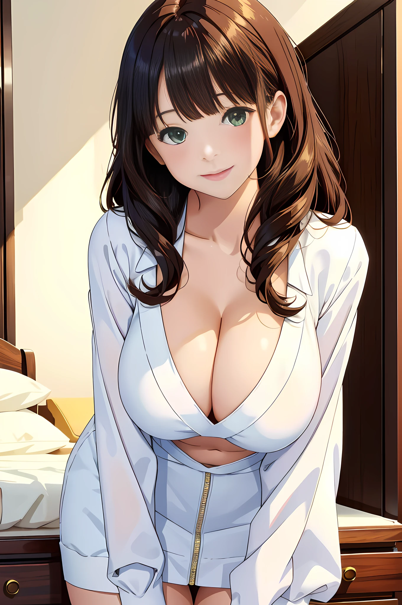 ((best quality, high resolution, distinct image)), (delicate illustration), 8k, 1girl, solo, extremely cute and beautiful, cowboy shot, white doctor gown, white blouse, black knee-length long pencil skirt, indoor, clinic room, blush, breasts, ((doctor outfit)), ((chestnut hair, wavy long hair, blunt bangs)), (green eyes:1.1), (huge breasts:1.25), cleavage, light smile, smile, happy, seductive smile, slende, abs, breathing, perfect anatomy, perfect proportion, seductive model posing, extremely leaning forward against the viewer, hands behind on hip, detailed background,