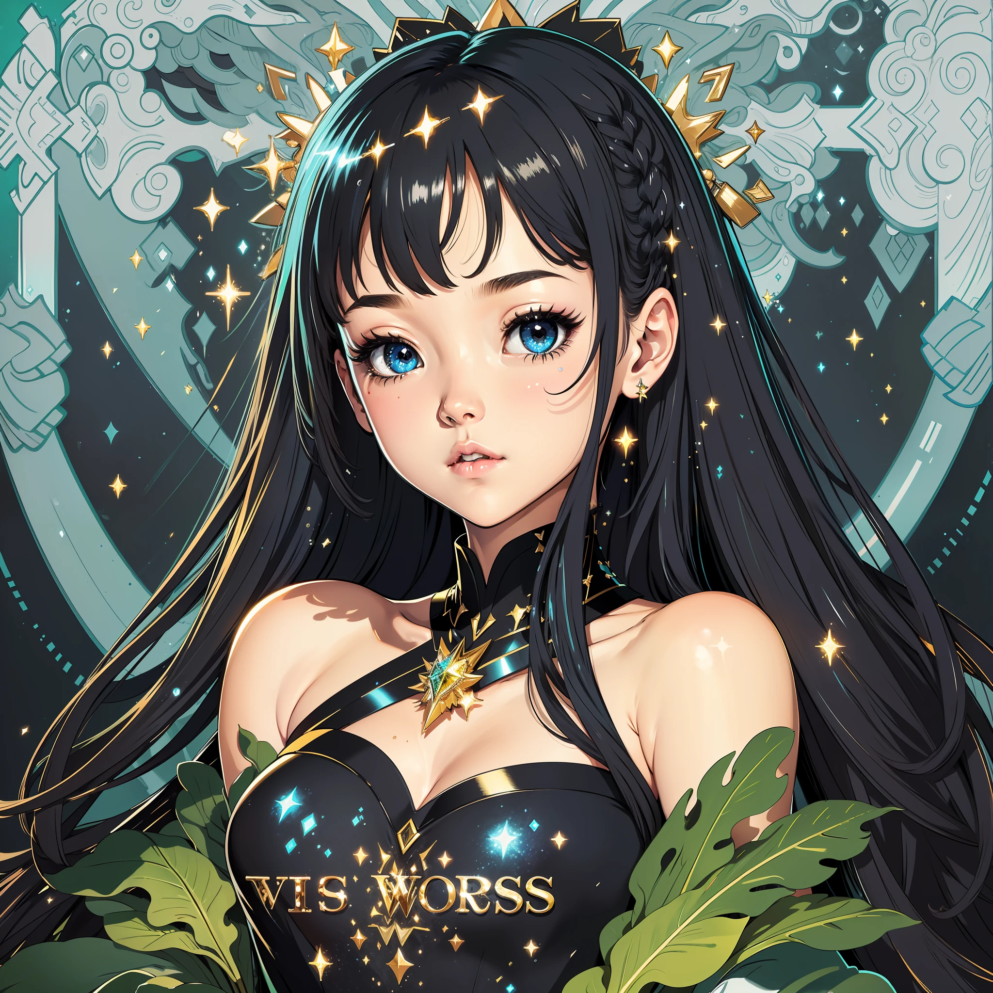 Masterpiece, best quality, super high resolution, fluorescent color, 1 girl, looking at the audience, beautiful face, beautiful eyes, (bare shoulder: 1.2), head up, upper body, forest, shiny hair, shiny skin, glowing cut, chibi, hands not shown: 1.5, black starlight dress, particles