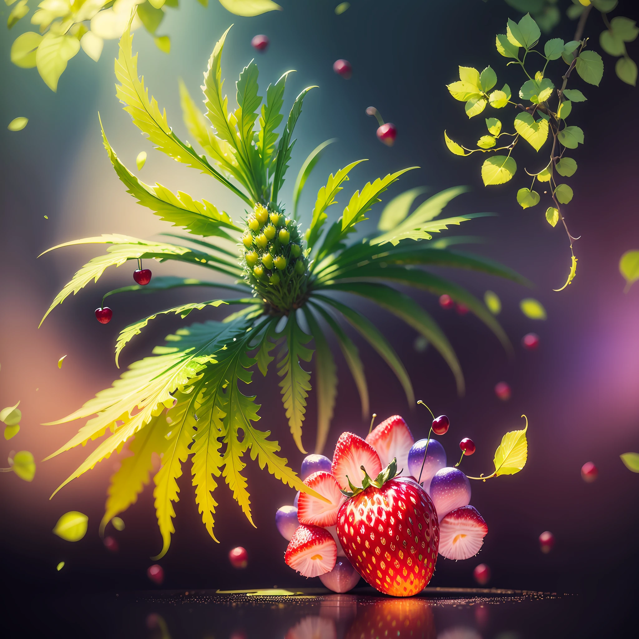 Computer Visualized Graphics, Realistic Fantasy, Extensive Landscape Ultrasound Photography (general view showing glass glass, strawberry, cherry, berry, dew), blurred background, gloomy, yellow, purple background, magic --auto --s2