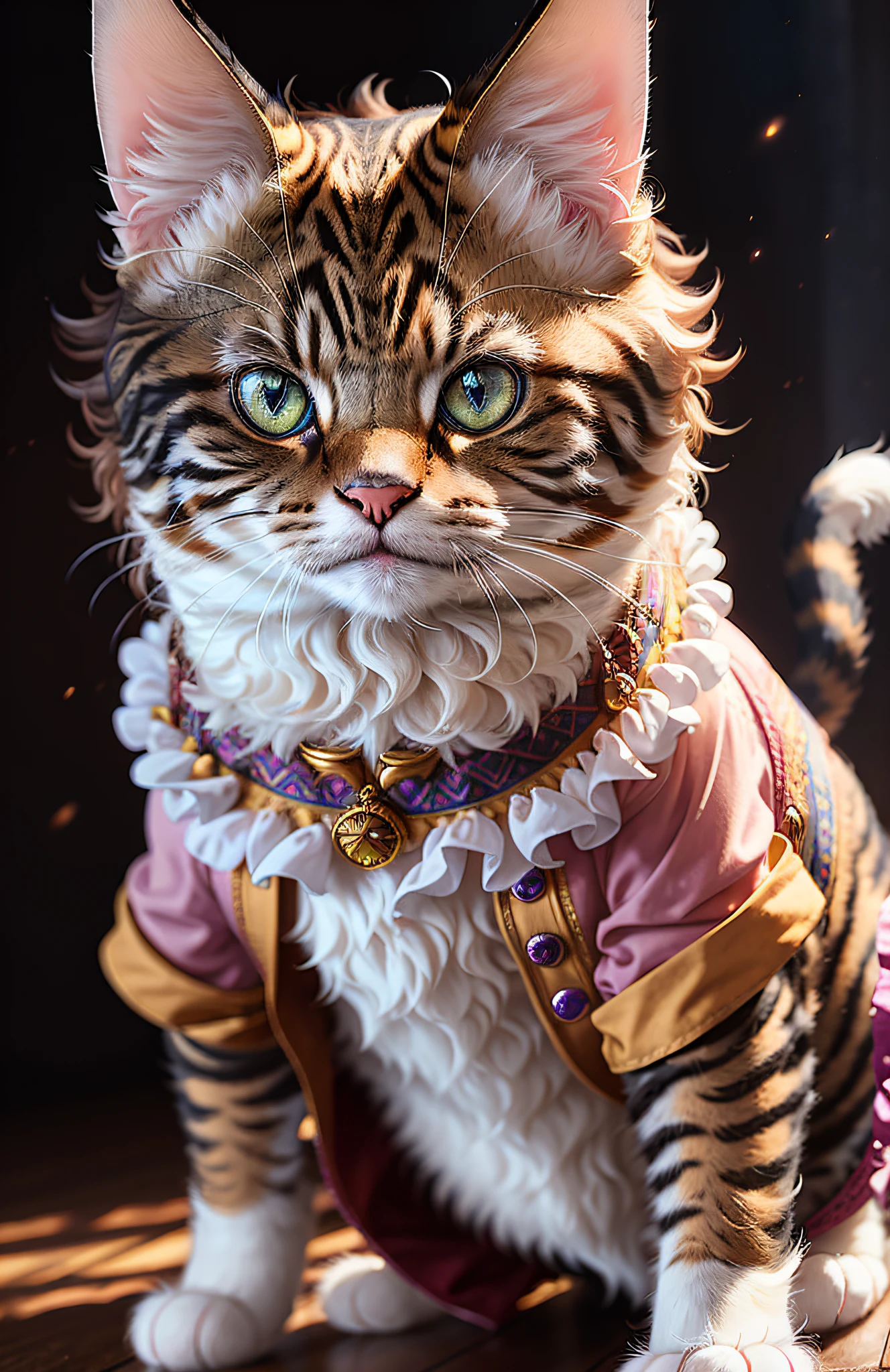 ((1 cat in clothes)), ((1 cat)), full shot, fluffy hair, anthropomorphic expressions, rich colors, exquisite details, masterpiece, realistic, artsation, cg, realistic, Unreal Engine, real light and shadow, beautiful rich colors, amazing details, high quality, a pair of ears