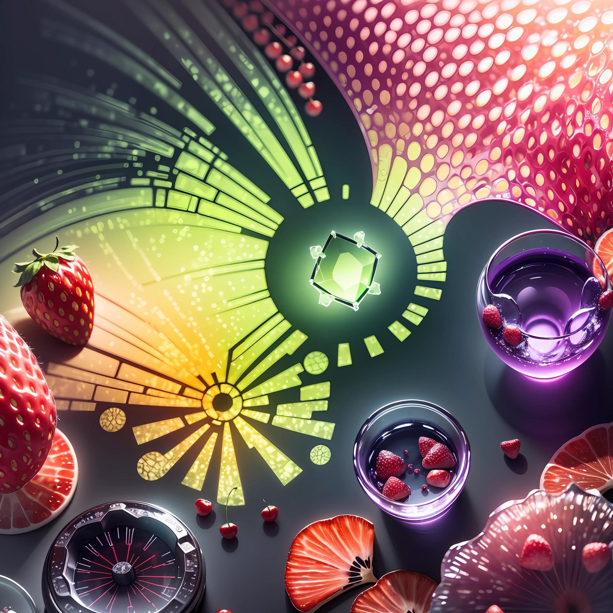 Computer Visualized Graphics, Realistic Fantasy, Extensive Landscape Ultrasound Photography (general view showing glass glass, strawberry, cherry, berry, dew), blurred background, gloomy, yellow, purple background, magic --auto --s2