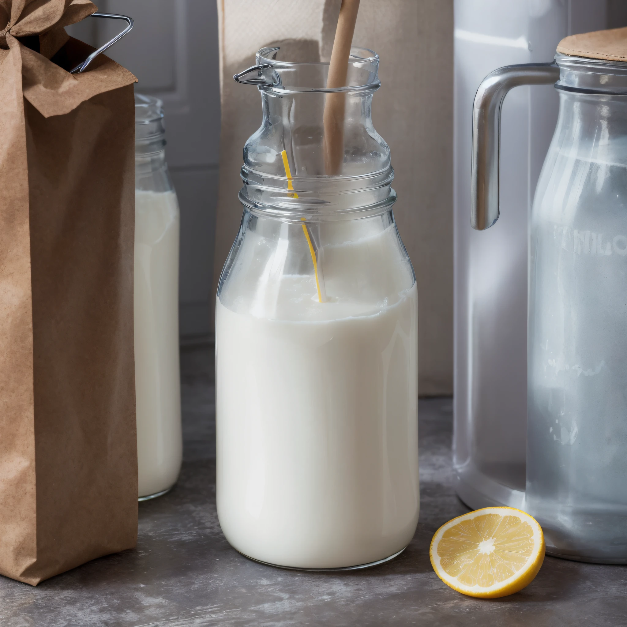 A high-quality, visually stunning picture of milk, a slender colored straw sticks into the center of the milk, slowly sucking its delicious mixture into the cute mouth of the opening, and the layered light and shadow effect shows the details of the straw and milk to the fullest.