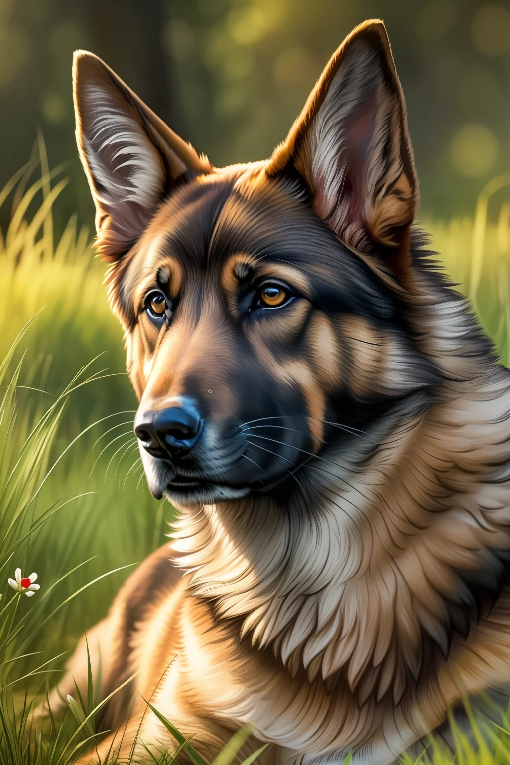 Excellent quality, realistic, highly detailed picture, great lighting, the hero is a large German Shepherd, confident posture, bright accent on the eyes of the dog painted red, in the background is forest and grass, water and stones, sunlight, add shadows for more realism.