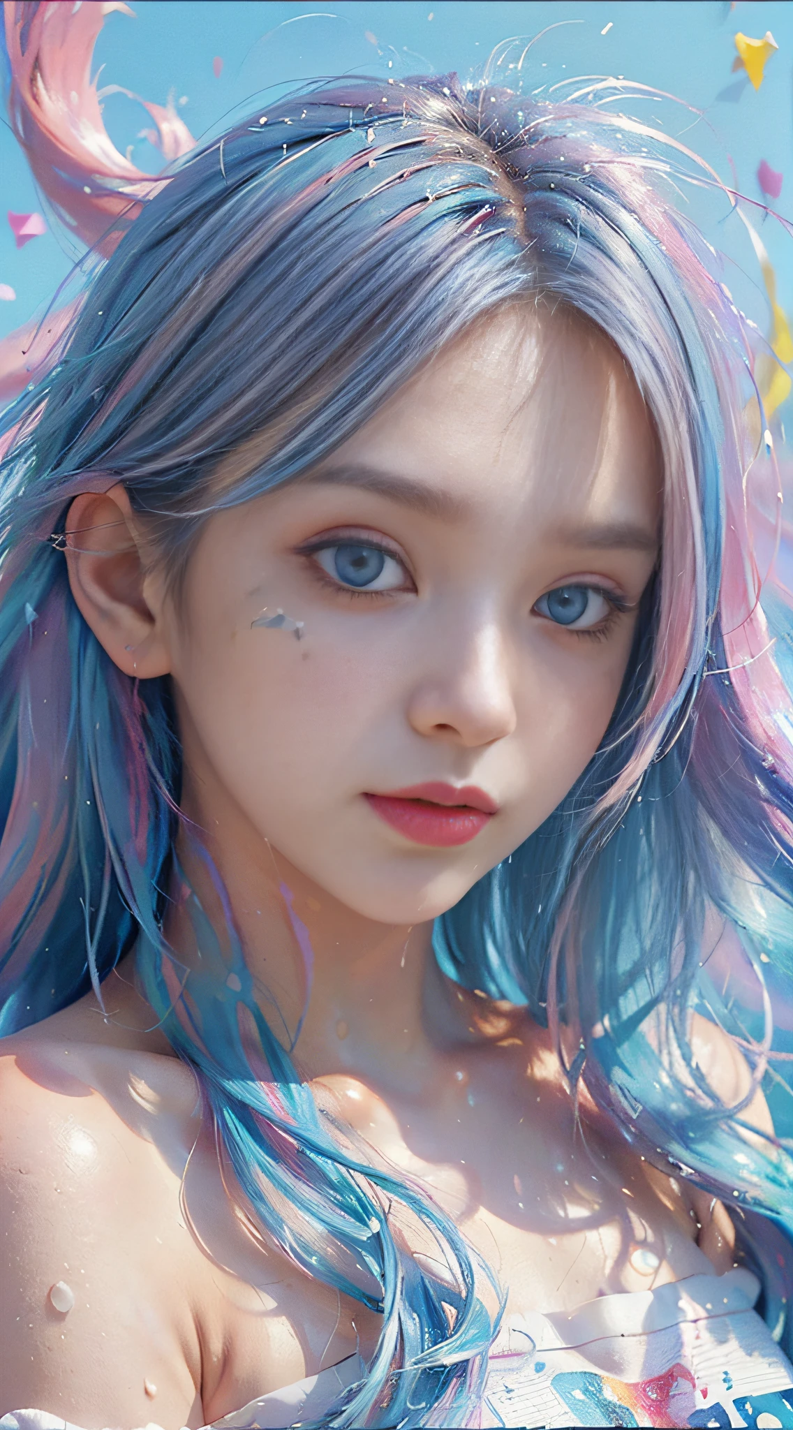 (Pink Fashion T-shirt:1.9),(Colorful hair: 1.8), (all the colours of the rainbow: 1.8),(((((vertical painting:1.6))), (painting:1.6),front, comics, illustrations, paintings, large eyes, crystal clear eyes,( rainbow color gradient high ponytail:1.7), exquisite makeup, closed mouth,(Small Fresh: 1.5),(Wipe Chest: 1.6) ,long eyelashes, white off shoulder T-shirt, White Shoulder Shirt,looking at the audience, large watery eyes, (rainbow colored hair:1.6), color splash, (solo:1.8), color splash, color explosion, thick paint style, messy lines, ((shining)),(colorful), (colorful), (colorful), colorful, Thick Paint Style, (Splash) (Color Splash), Vertical Painting, Upper Body, Paint Splash, Acrylic Pigment, Gradient, Paint, Highest Image Quality, Highest Quality, Masterpiece, Solo, Depth of Field, Face Paint, colorful clothes, (Elegant: 1.2), gorgeous,long hair, wind, (Elegant: 1.3), (Petals: 1.4),(((masterpiece))),(((best quality))),((ultra-detailed)),(illustration),(dynamic angle),((floating)),(paint),((disheveled hair)),(solo),(1girl) , (((detailed anima face))),((beautiful detailed face)),collar,bare shoulders,white hair, ((colorful hair)),((streaked hair)),beautiful detailed eyes,(Gradient color eyes),(((colorful eyes))),(((colorful background))),(((high saturation))),(((surrounded by colorful splashes))),