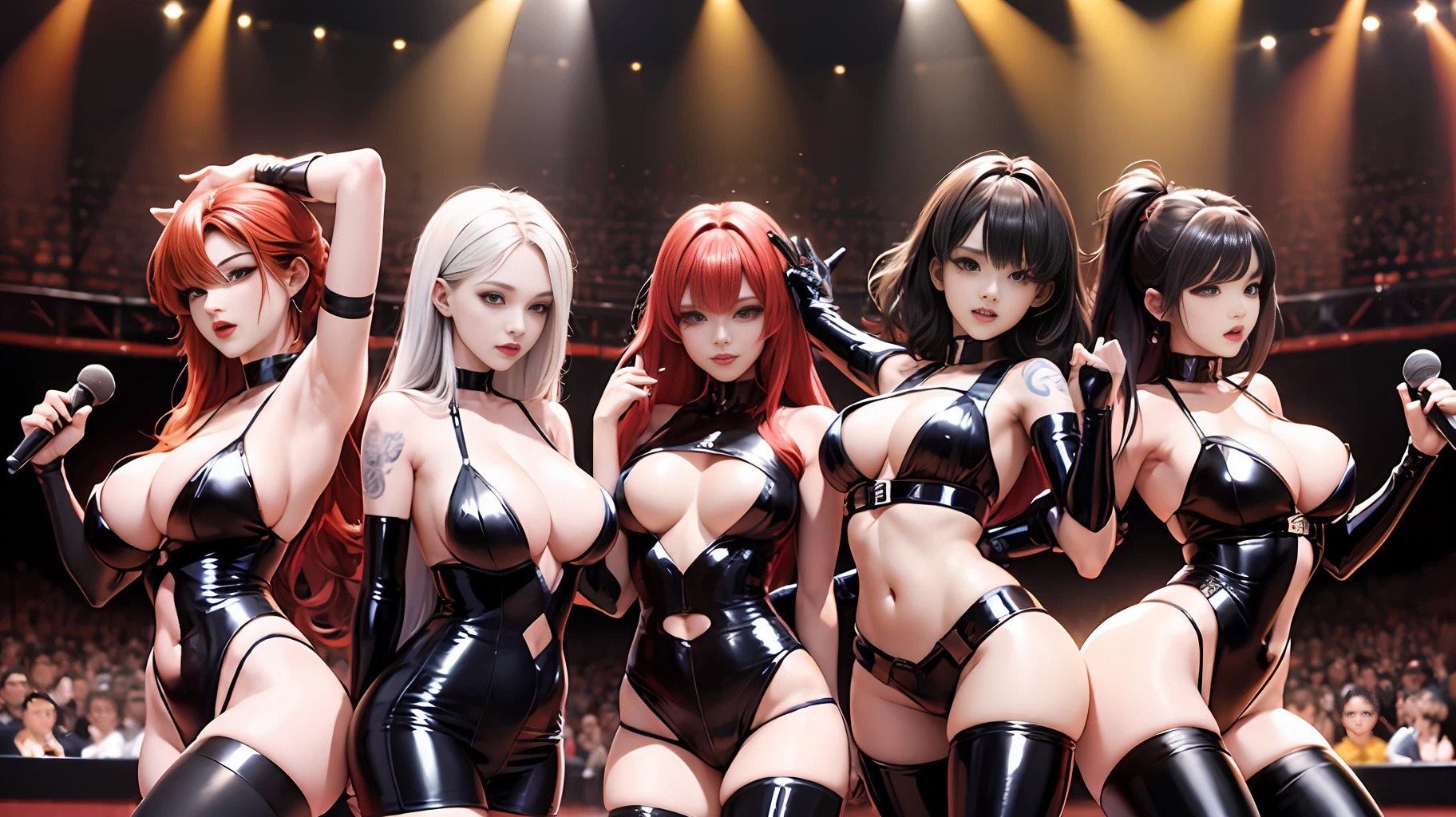 Korean girl group, all are hot girls, black masks, 8K resolution, strong figure, {{Huge_breast}}, straight chest, tall, long legs, thin and transparent tights, {{latex}}, {{glossy}}, {slim}, fair skin, {black_stockings}, the highest details, light curly hair, long bangs, openwork, side space, various tattoos all over the body, hair colors are different, singing and dancing on stage, sweating