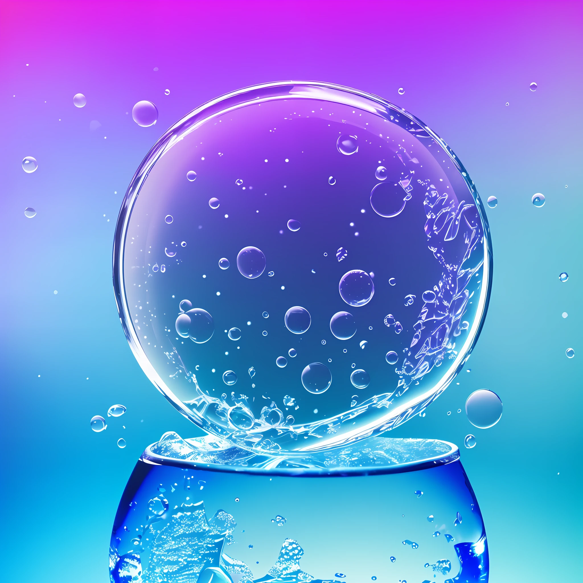 Computer volumetric graphics, realistic fantasy, Extensive landscape ultrasound photography (general view showing a glass glass, water, circles on water, ice crystals), blurred background, warm, turquoise, purple background, magic --auto --s2