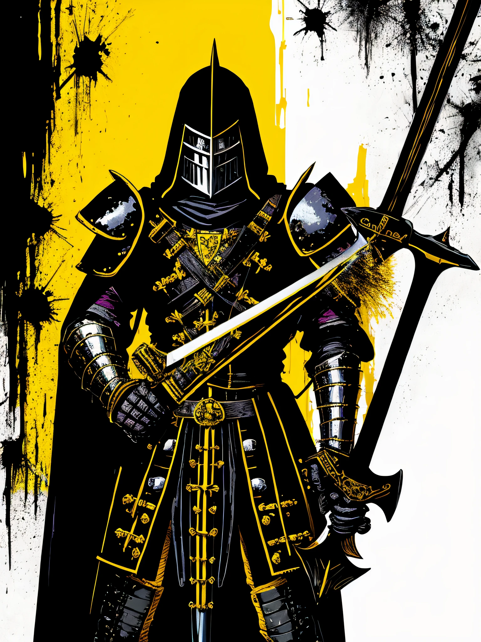 yellow and black, a medieval black knight with a large sword, in the style of Mork Borg, strong contrast, grunge dirty punk splash art, black metal zine