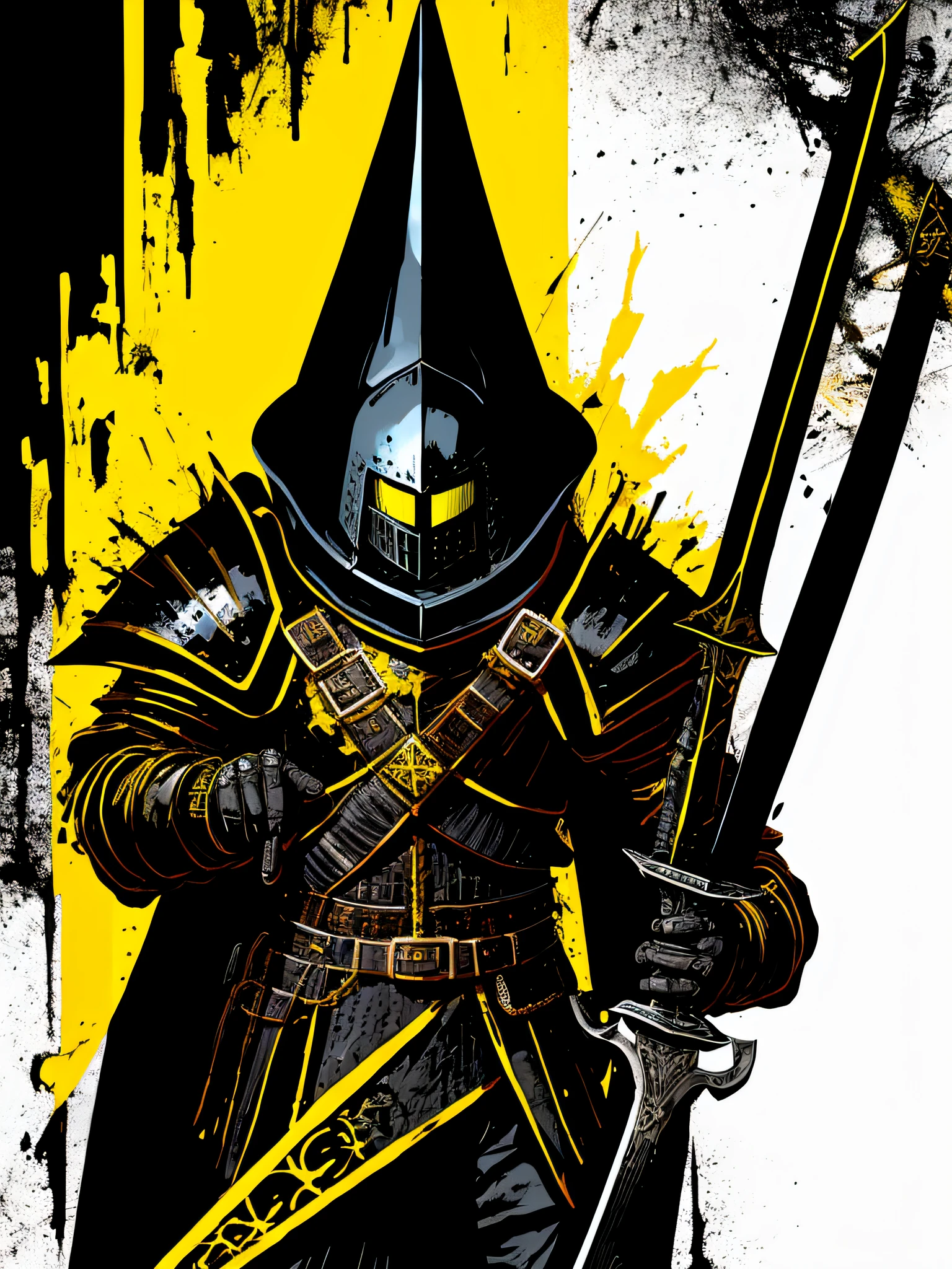 yellow and black, a medieval black knight with a large sword, in the style of Mork Borg, strong contrast, grunge dirty punk splash art, black metal zine