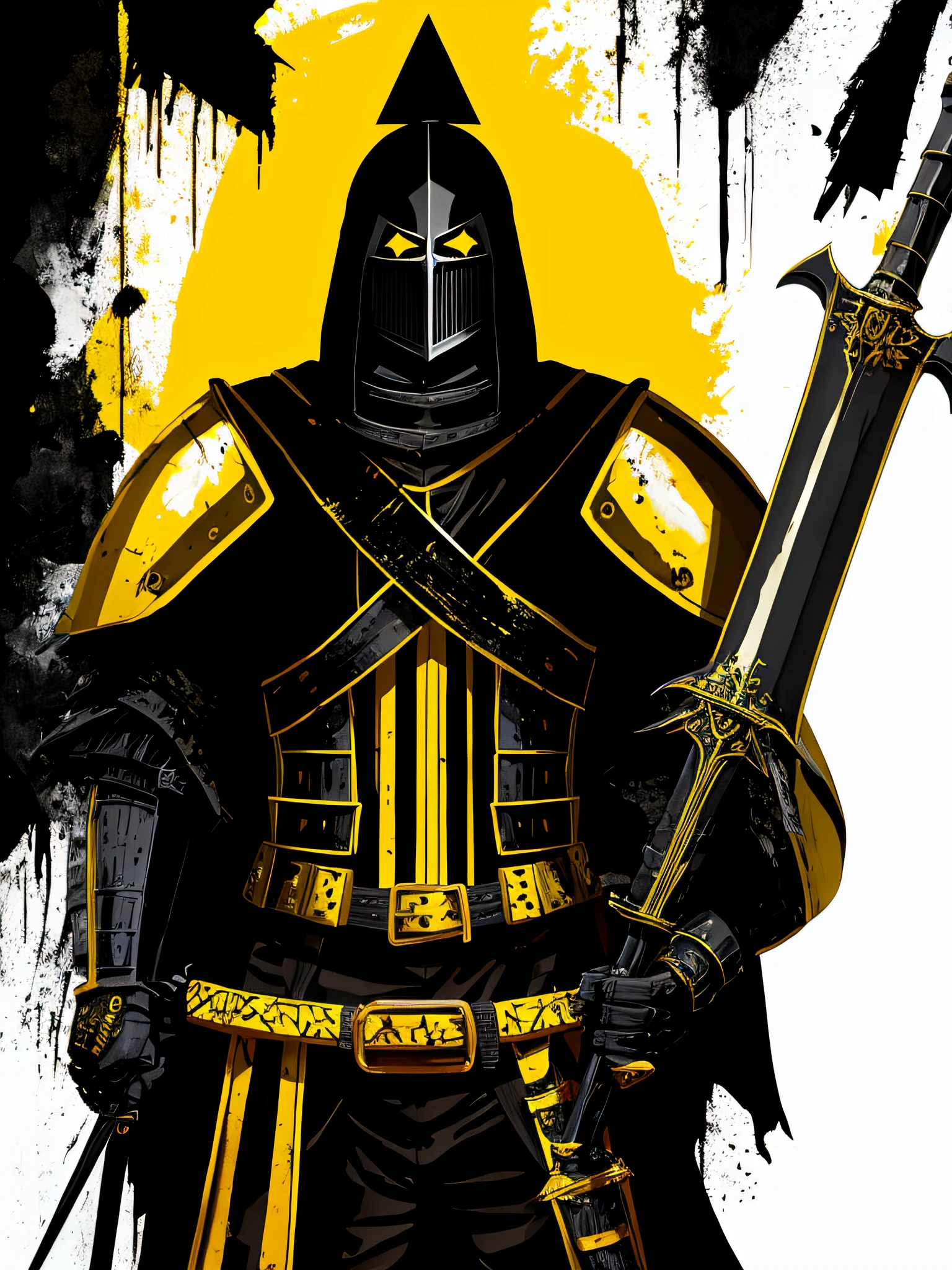 yellow and black, a medieval black knight with a large sword, in the style of Mork Borg, strong contrast, grunge dirty punk splash art, black metal zine