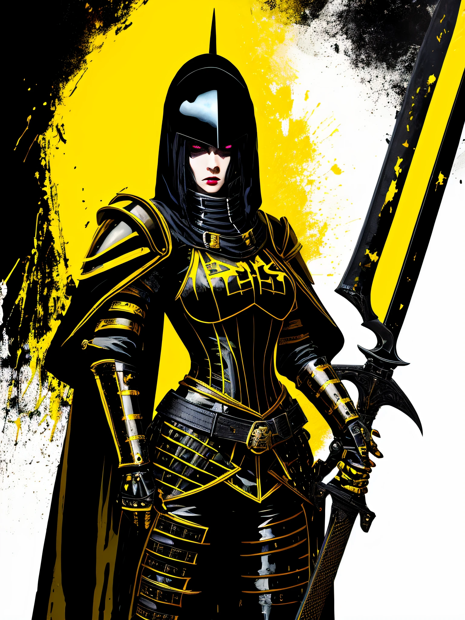 yellow and black, a medieval female black knight with a large sword, in the style of Mork Borg, strong contrast, grunge dirty punk splash art, black metal zine