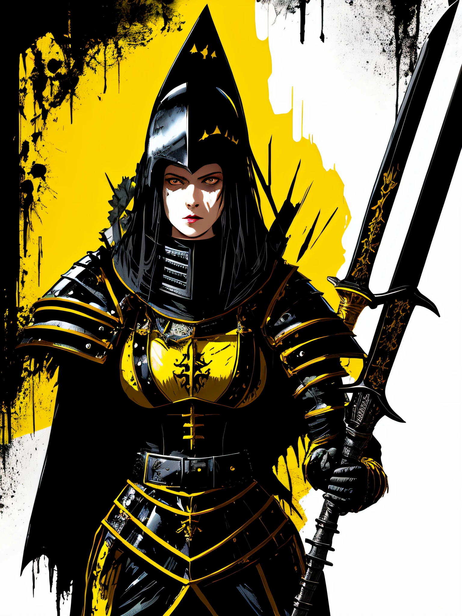 yellow and black, a medieval female black knight with a large sword, in the style of Mork Borg, strong contrast, grunge dirty punk splash art, black metal zine