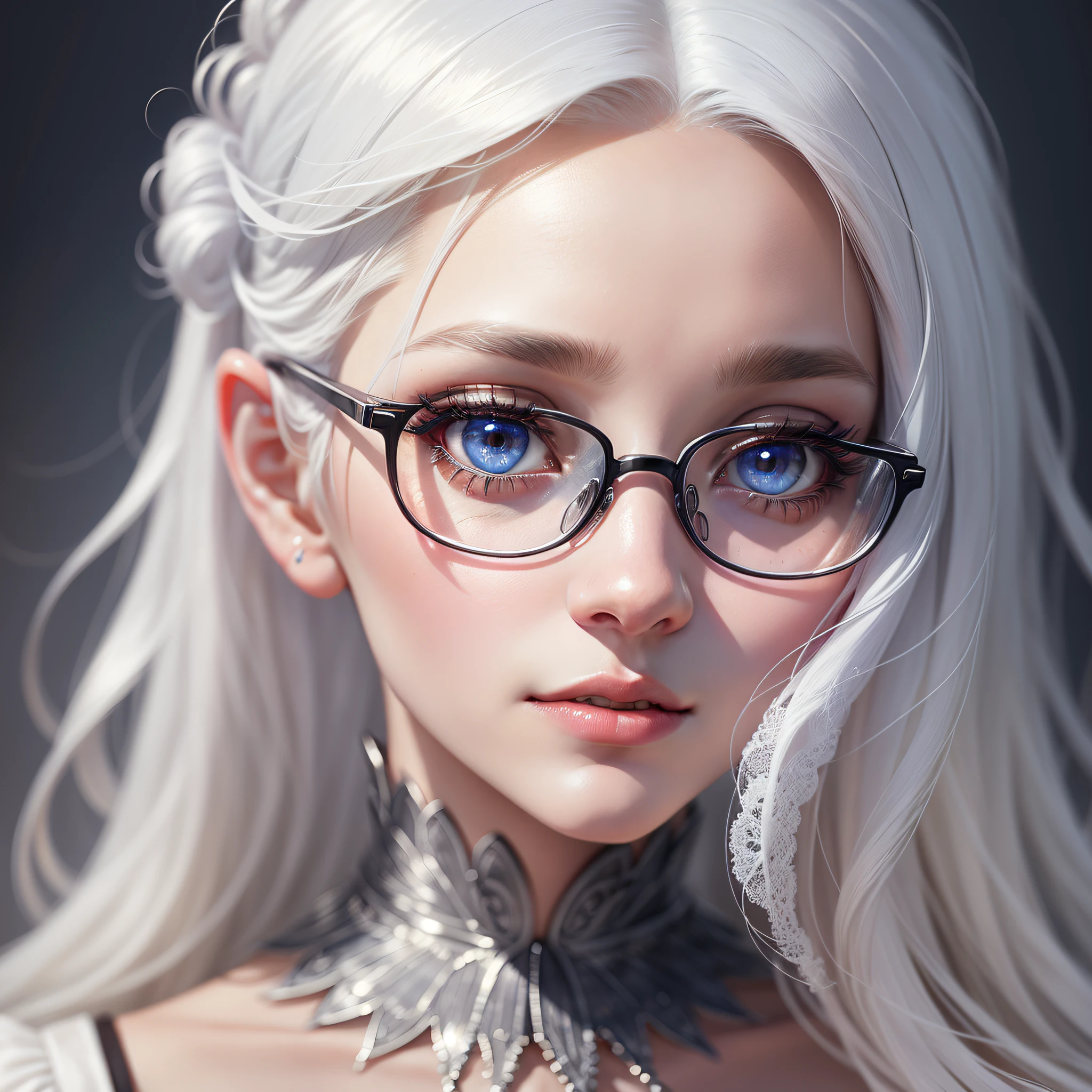 close up potrait of a young lady who has white hair which is like snow and delicate skin, upper body, (extremely detailed eyes, nose, ears, lips, face), beautiful and crystal clear eyes,( wearing glasses)