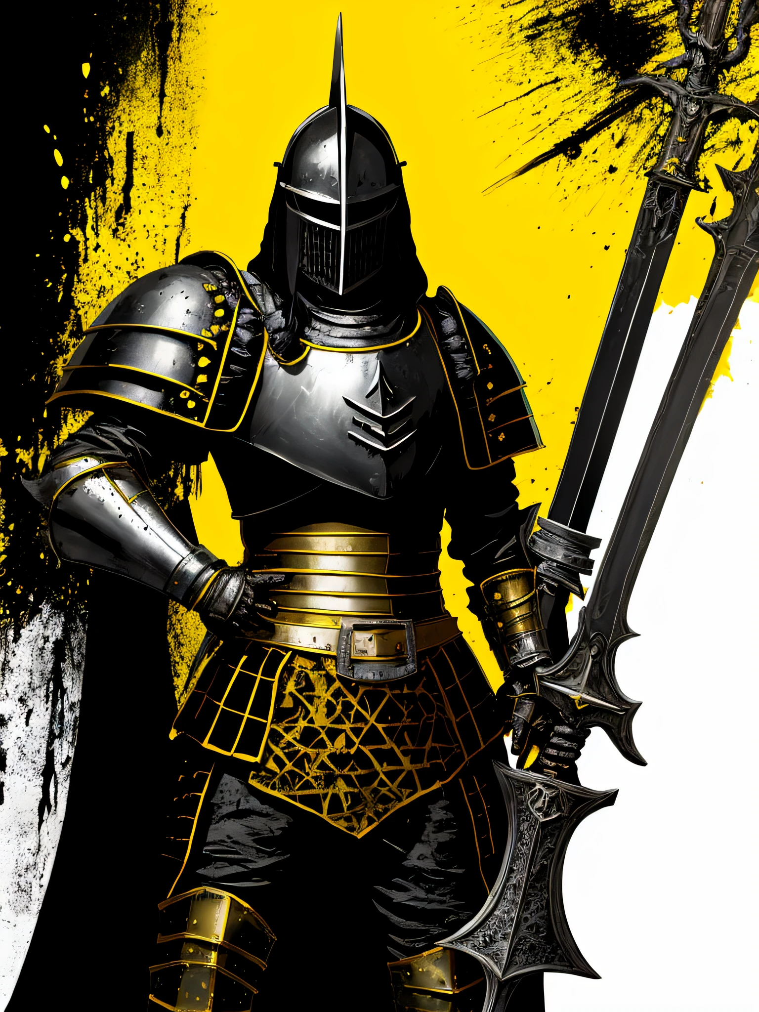yellow and black, a medieval black knight with a large sword, in the style of Mork Borg, strong contrast, grunge dirty punk splash art, black metal zine