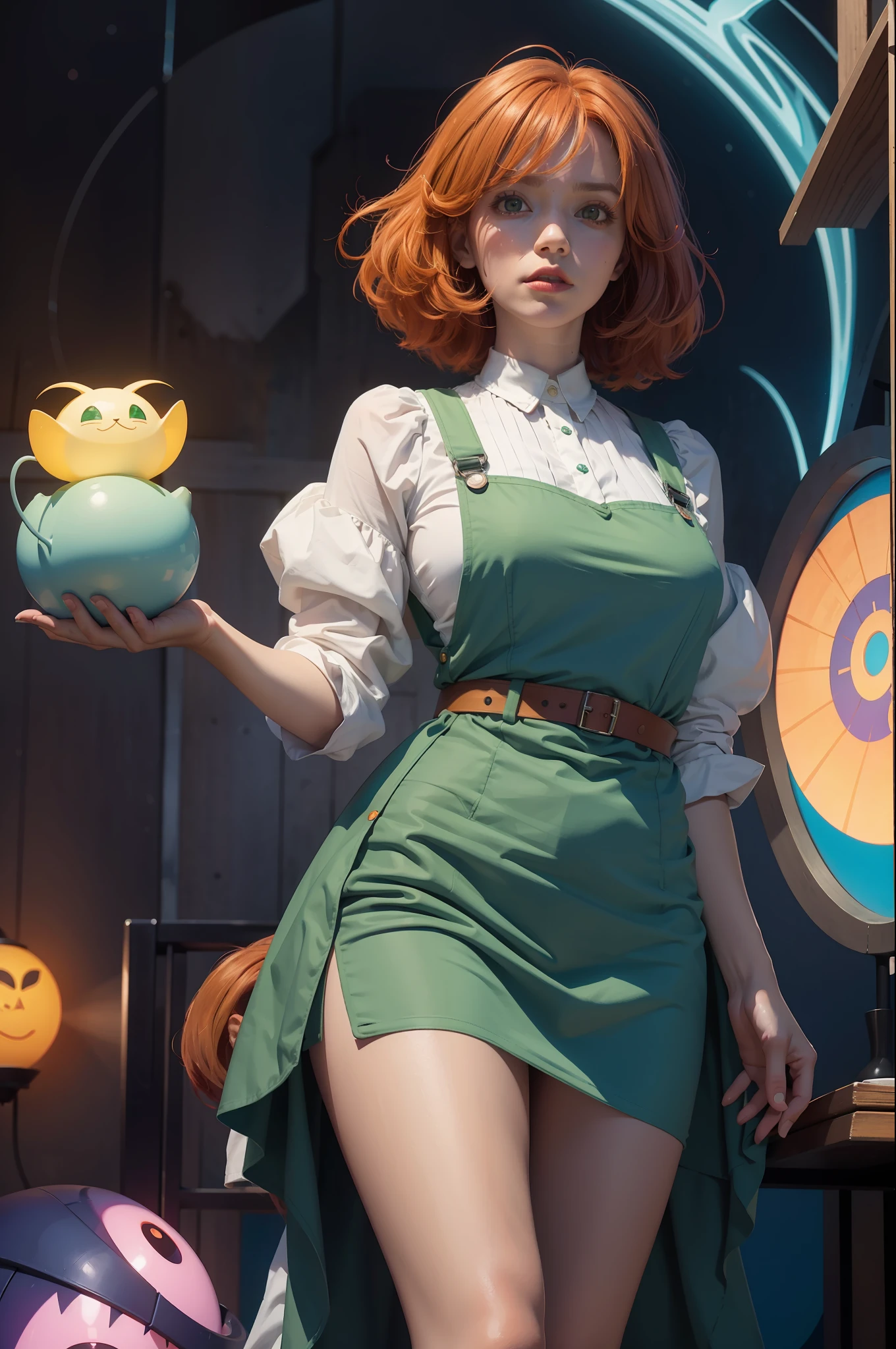 concept art, overhead angle of a Will-o'-the-wisp, wearing Funny Somali Emerald deep orange Pinafore, Caramel hair styled as Short hair, fluorescent purple Hair tie, equirectangular 360, Highres, [(art by Willi Baumeister:1.1), (art by John T. Biggers:1.2)::17], official art, unity 8k wallpaper, ultra detailed, aesthetic, masterpiece, best quality, photorealistic