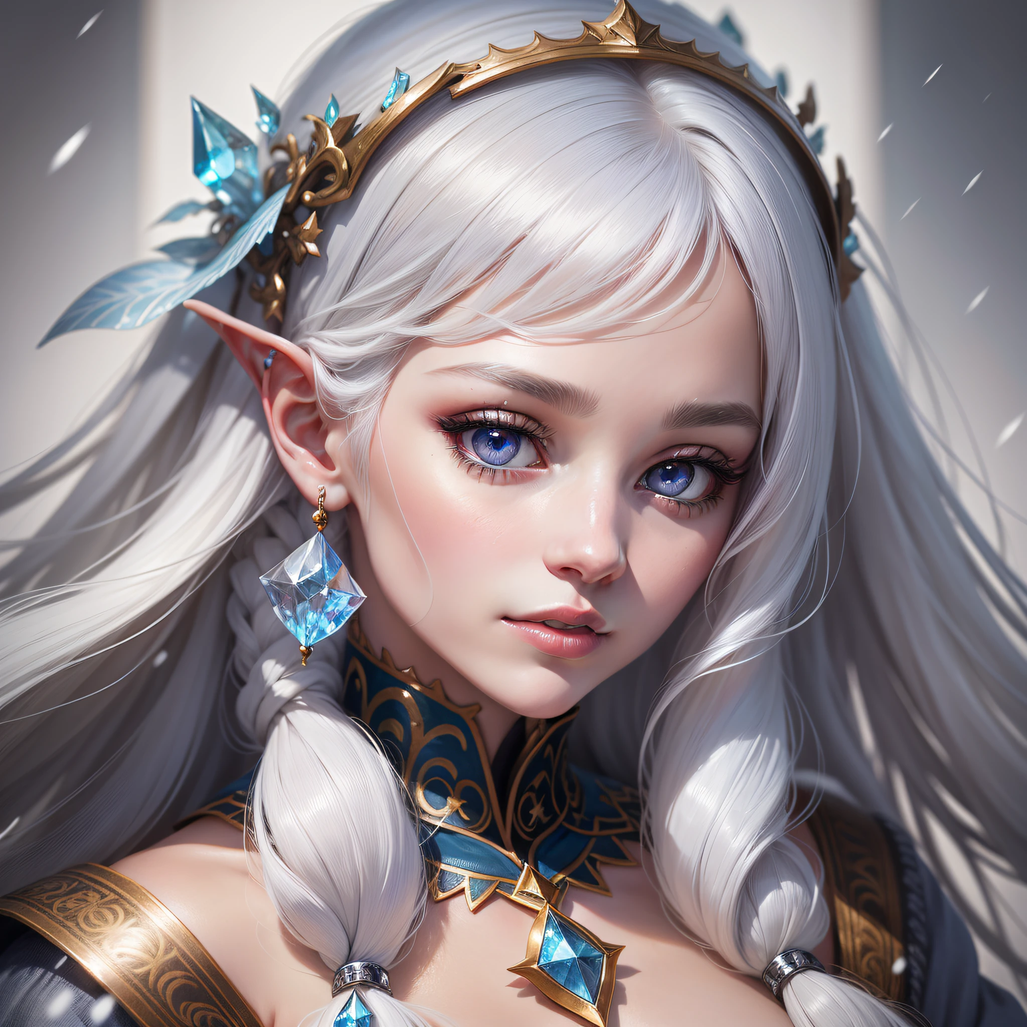 close up potrait of a young lady who has white hair which is like snow and delicate skin, upper body, (extremely detailed eyes, nose, ears, lips, face), beautiful and crystal clear eyes