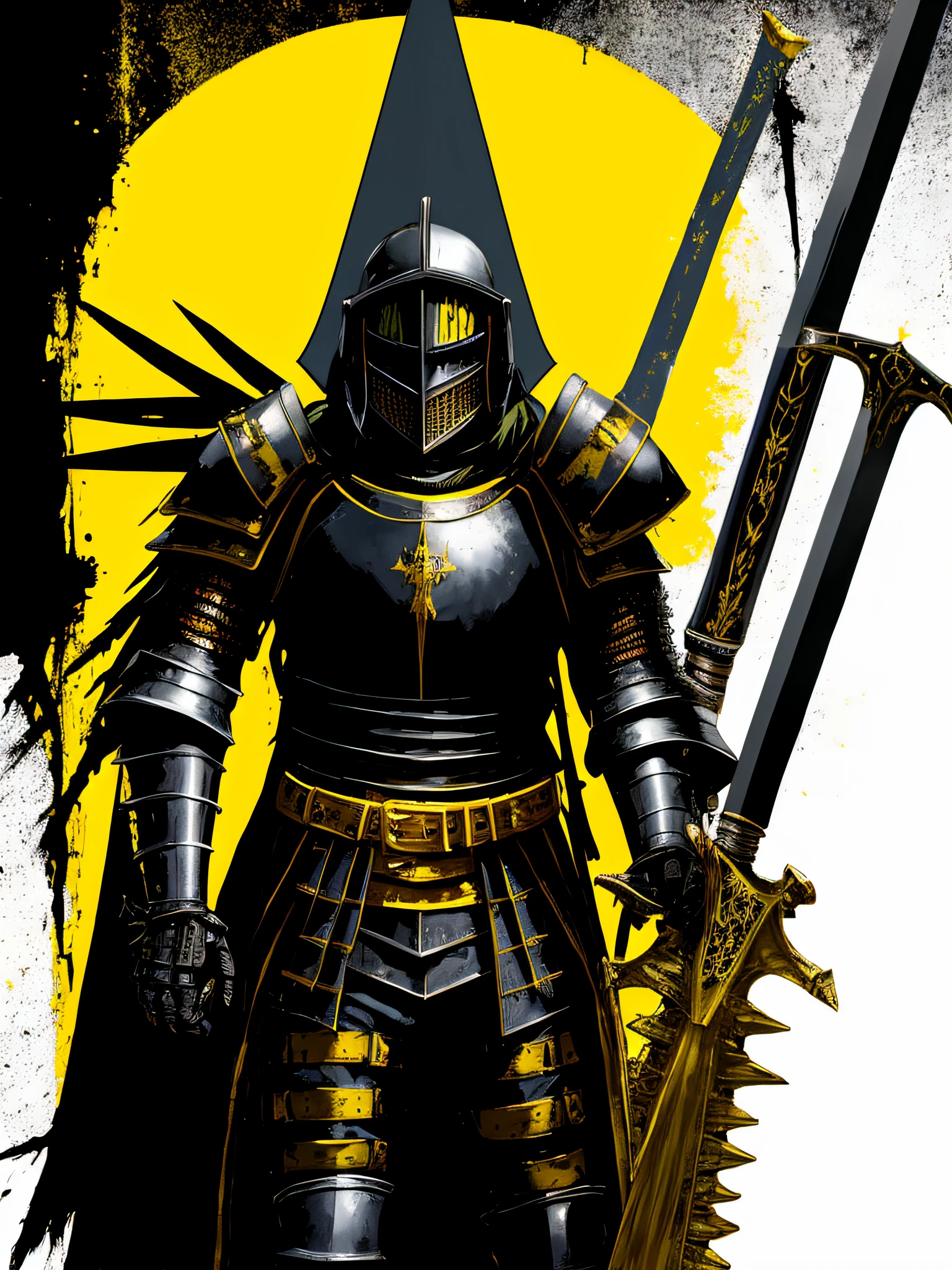 yellow and black, a medieval black knight with a large sword, in the style of Mork Borg, strong contrast, grunge dirty punk splash art, black metal zine
