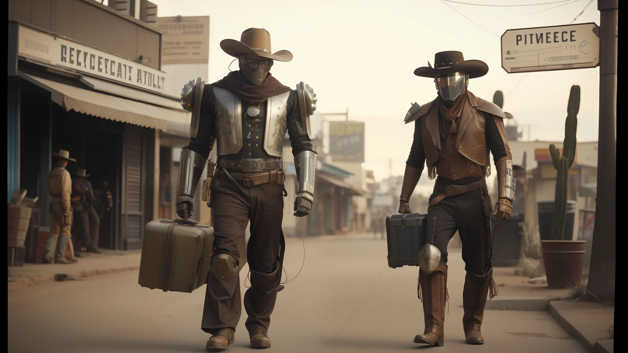 two men in costumes walking down a street with luggage, cyberpunk wild west, anthropomorphic robot [ thing ], peter kemp, dual wielding large revolvers, inspired by Max Dupain, still from better call saul, intricate detailed photography, android, cowboys, 2030s, 1950s retro cactus robot, inspired by Simon Gaon, el dorado