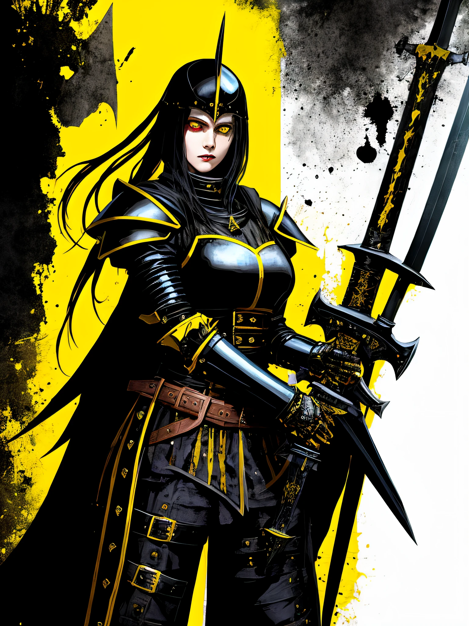 yellow and black, a medieval female black knight with a large sword, in the style of Mork Borg, strong contrast, grunge dirty punk splash art, black metal zine