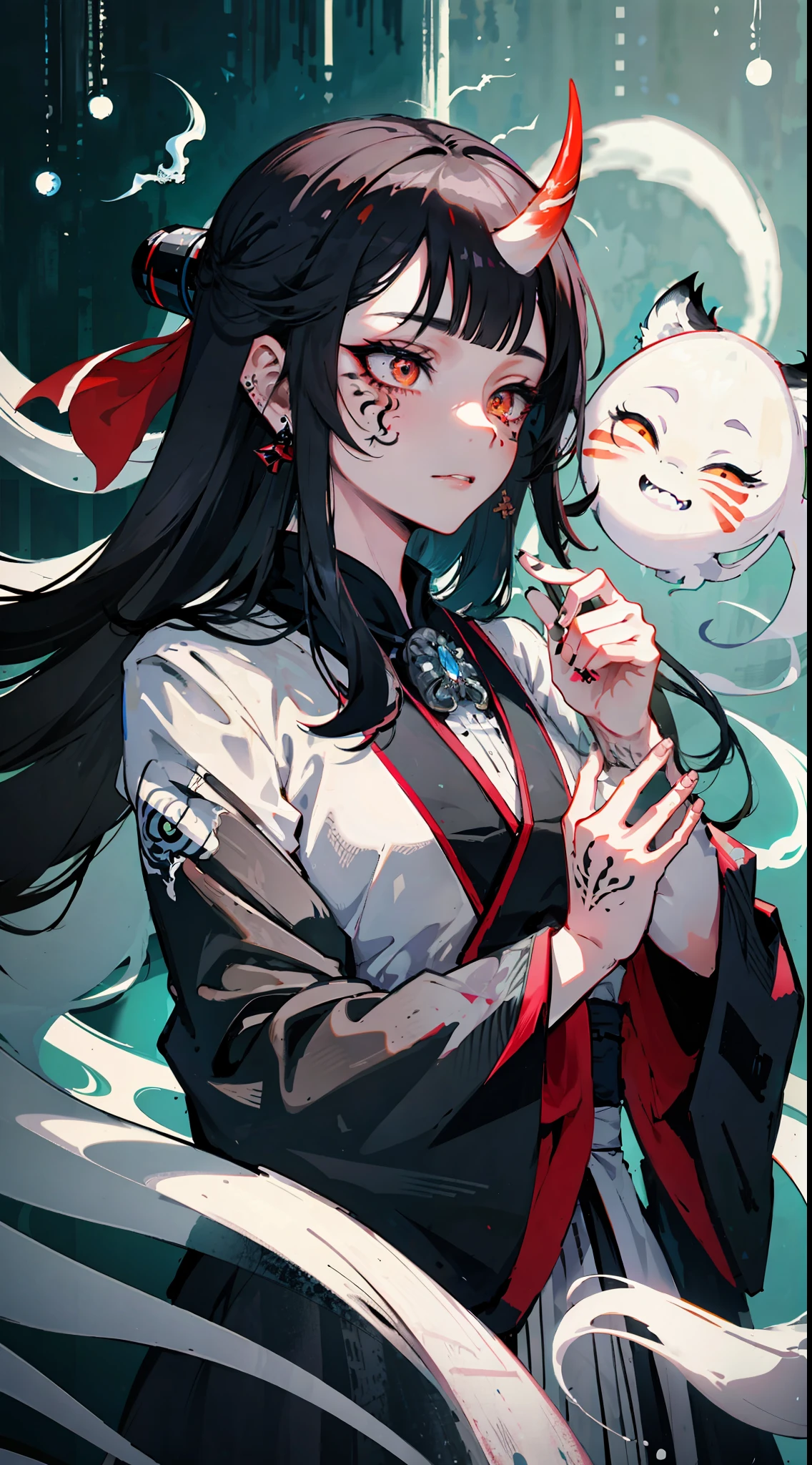 Masterpiece, Best Quality, (Intricate Details: 1.2), Beautiful Face, Anime Illustration, (Black and White Theme), Ukiyo-e, ((1girl, (Facial Tattoo: 1.2), Little Ghost Horn, )), Anime Girl with Tiger Eyes and Black Hair, Red Eyes, This painting depicts a person holding a tiger head up close and presents a dark witch-like character. She has beautiful long hair, white and black hair, and this painting is a beautiful comic art. The character is murderous, as if he wants to bite down, with crystal clear hair and wary eyes. But on the screen, you can see the incarnation of the holy elements of the gods