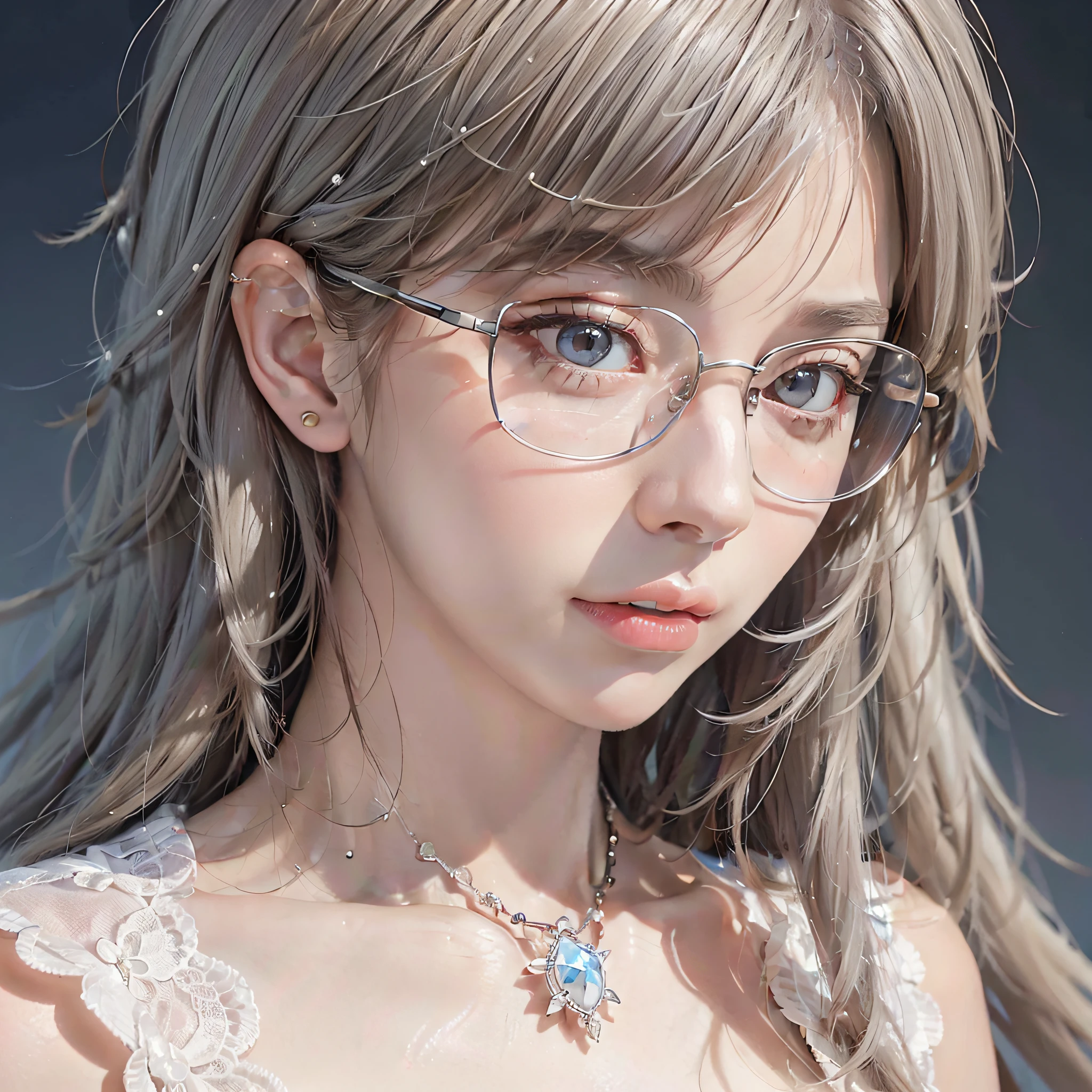 close up potrait of a young lady who has white hair which is like snow and delicate skin, upper body, (extremely detailed eyes, nose, ears, lips, face), beautiful and crystal clear eyes,( wearing glasses)