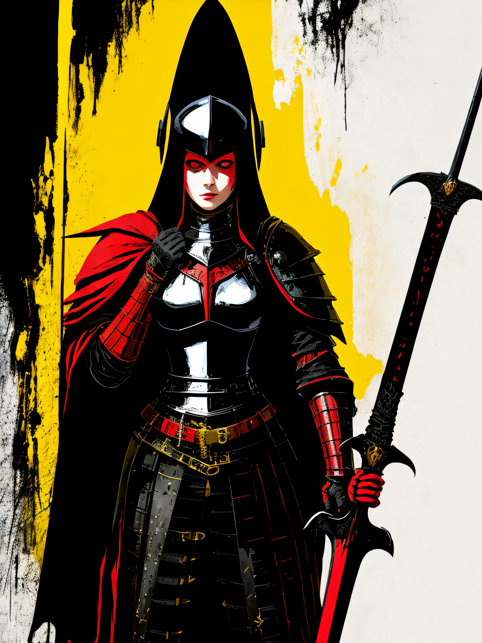 Red, yellow and black, a medieval female black knight with a large sword, in the style of Mork Borg, strong contrast, grunge dirty punk splash art, black metal zine