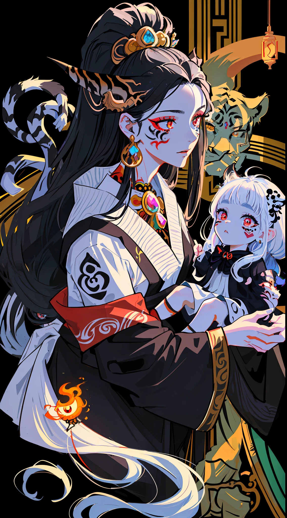 1 girl, masterpiece, best quality, (intricate details: 1.2), beautiful face, anime illustration, (black and white theme), ukiyo-e, (((1girl, (face tattoo: 1.2), little ghost horn, )), anime girl with tiger eyes and black hair, red eyes, this painting depicts a person holding a tiger head up close and presents a dark witch-like character. She has beautiful long hair, white and black hair, and this painting is a beautiful comic art. The character is murderous, as if he wants to bite down, with crystal clear hair and wary eyes. But on the screen you can see the embodiment of the sacred elements of the gods, tigers, jewelry, earrings, animals, looking at the audience, hair accessories, glowing eyes