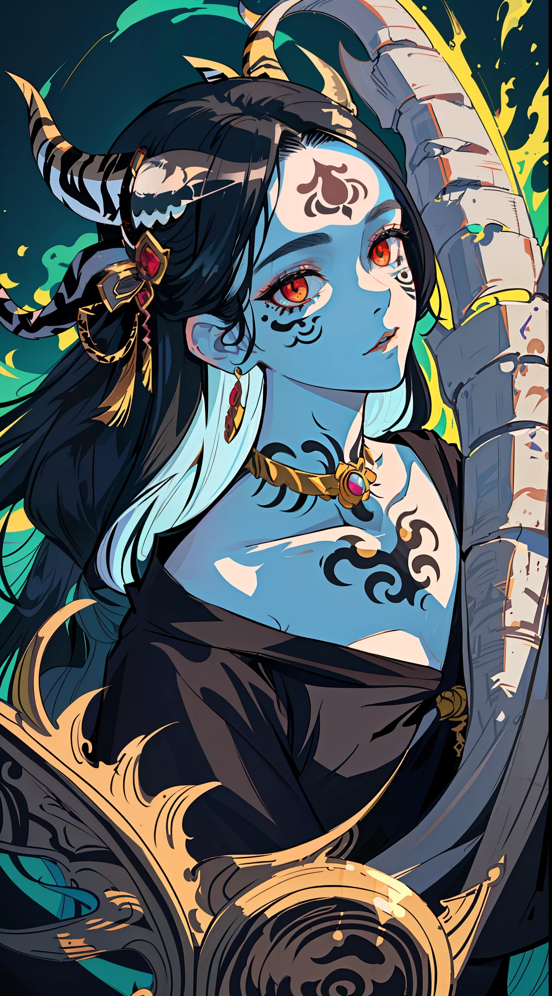 1 girl, masterpiece, best quality, (intricate details: 1.2), beautiful face, anime illustration, (black and white theme), ukiyo-e, (((1girl, (face tattoo: 1.2), little ghost horn, )), anime girl with tiger eyes and black hair, red eyes, this painting depicts a person holding a tiger head up close and presents a dark witch-like character. She has beautiful long hair, white and black hair, and this painting is a beautiful comic art. The character is murderous, as if he wants to bite down, with crystal clear hair and wary eyes. But on the screen you can see the embodiment of the sacred elements of the gods, tigers, jewelry, earrings, animals, looking at the audience, hair accessories, glowing eyes