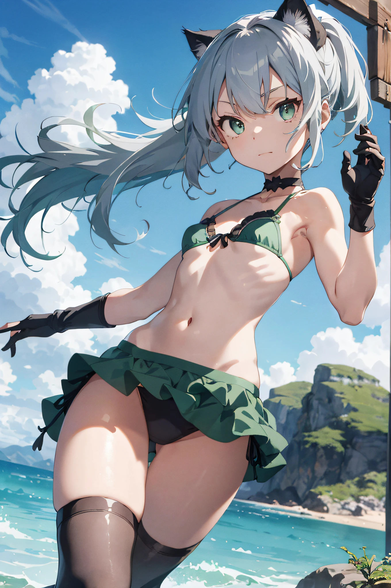 Movie angle, depth of field, (looking at the viewer), (right foreground: 1), (standing photo: 1),
(playing guitar: 1.3),
Cat Eared Girl, (Solo),Silver Hair,(White Skin:1), (Curvaceous:1.2), (Wide Hips:1.1), Cat Eared Girl,
(Beautiful Coast Background), (Coast Background: 1.4), (Coast Background: 1.4),
(green clothes), (bare shoulders, green micro bikini), (T-back panties: 1.2), (glove armor: 1.2), sharp claws, detailed horns, choker, thigh boots,
(ponytail, hairs between the eyes), (silver-haired), (purple-eyed), (flat chest: 1.2),
expressionless, stunned, sleepy,
Wakame, wakame, wakame, wakame, wakame, wakame, wakame, wakame