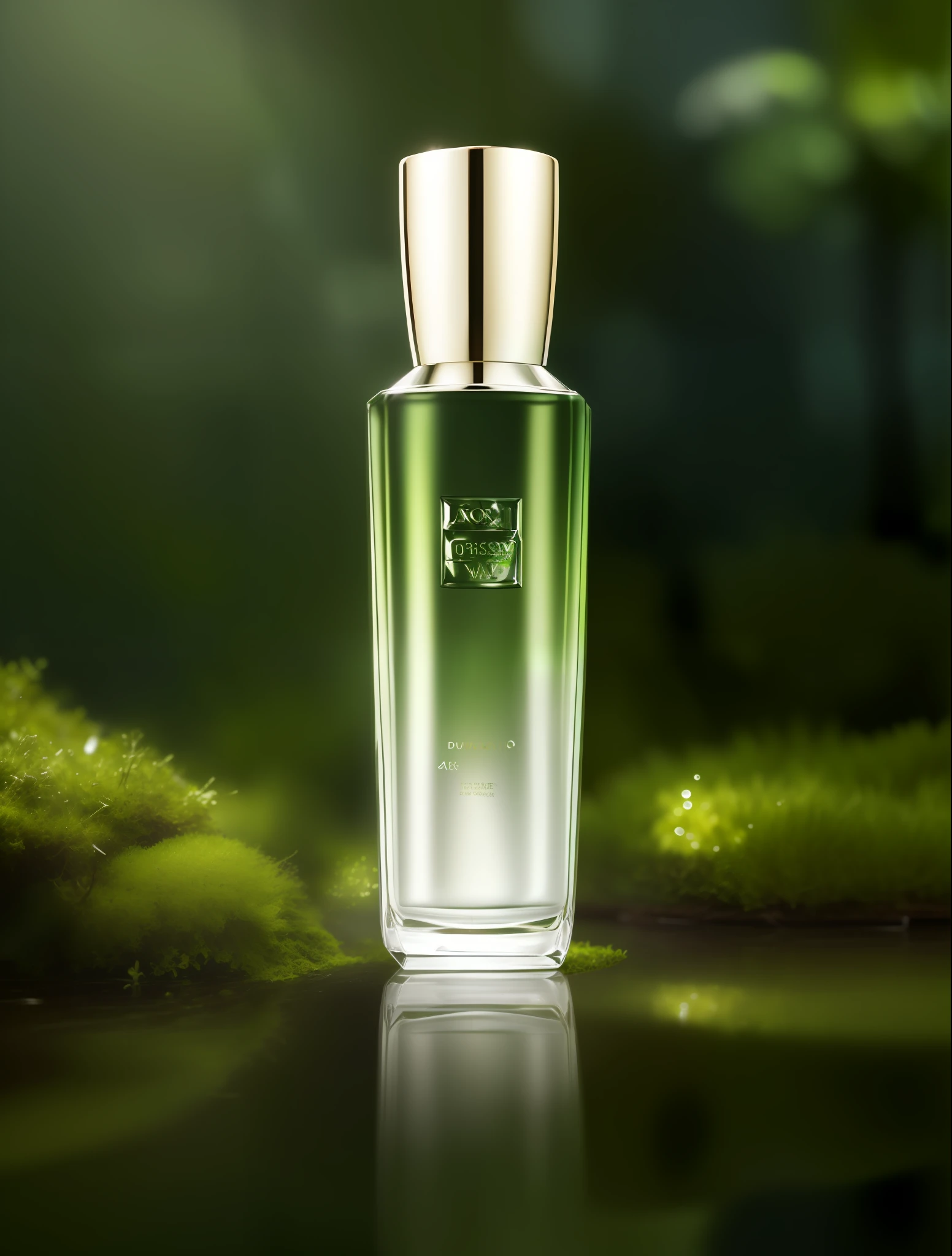 Close-up of a bottle of perfume on the table, sharpening, clear bottle, beautiful green liquid, moss, royal green and natural light, depth of field effect, infused Tyndall light, reflection in water, product lens, product photography, perfume, dior, original skin, summer forest, exquisite and smooth details