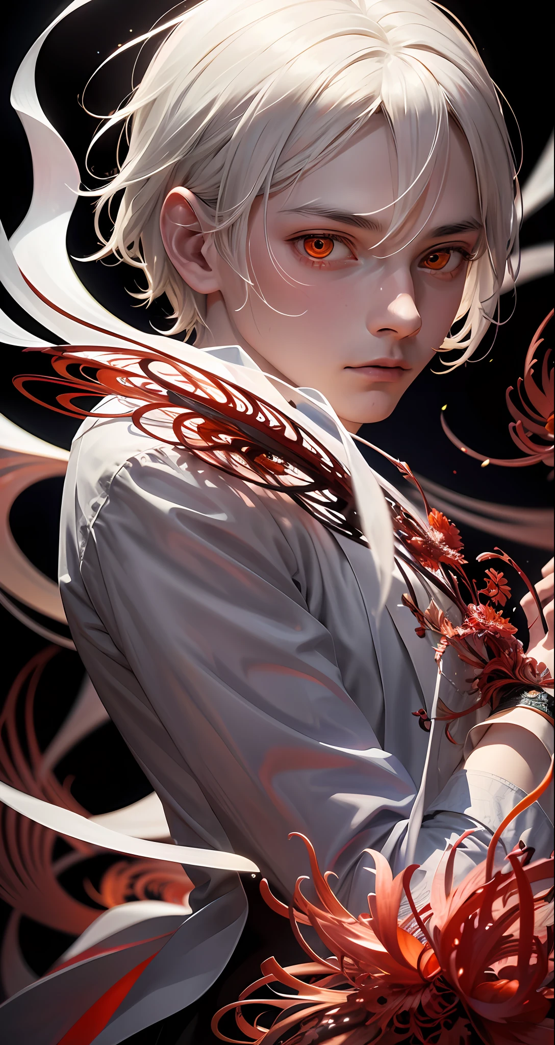 Realistic, (Masterpiece, Top Quality, Best Quality, Official Art, Beauty and Aesthetics: 1.2), Very Detailed, Fractal Art, Colorful, Most Detailed, Zentangle, (Abstract Background: 1.5) (1boy: 1.3), God, White Hair, Short Hair, (Glowing Red Eyes), Mysterious, (Magic), Ice, Handsome Man, ((Lycoris radiata)), Yellow Spring, Hell, Soul Ferryman, Ghost