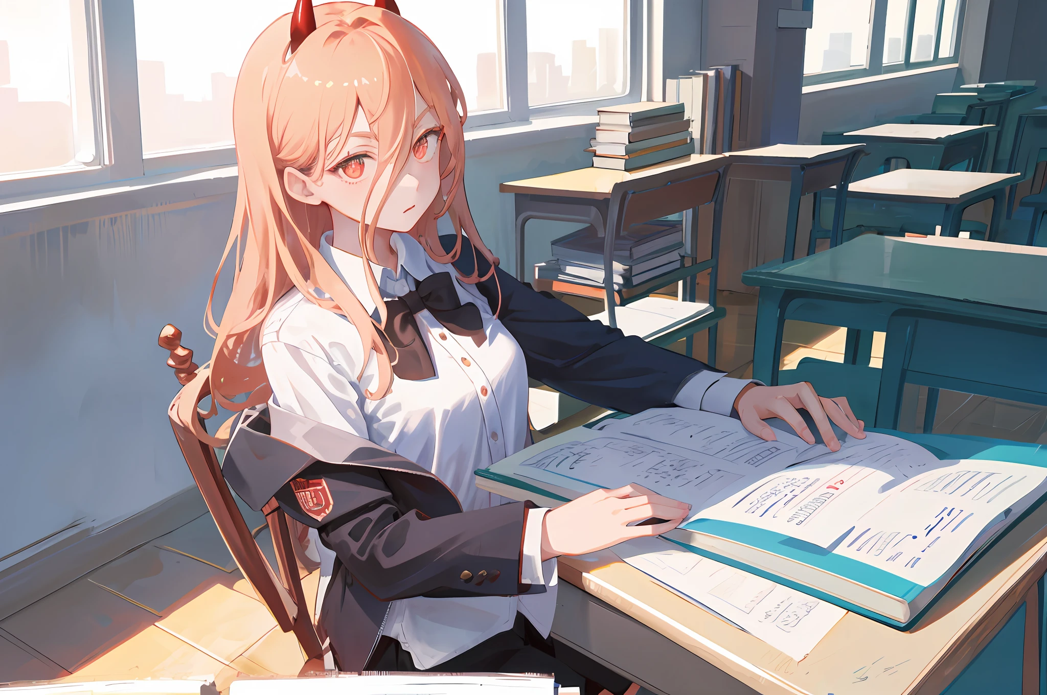 Masterpiece, Best Quality, (1 Girl, Solo Show), Power, White Shirt, Classroom, Devil's Corner, Red Eyes, Black Tie, Black Blazer, Desk Piled with Books