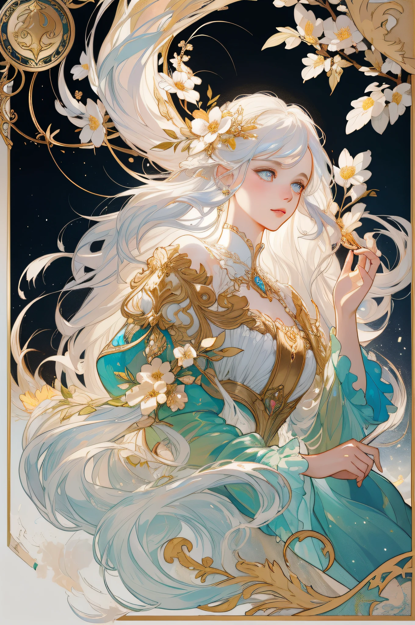 ((gorgeous princess)), (with long flowing white hair), (bright and beautiful eyes), trending on Art Station, flower of hope by Jean-Honor Fragonard, Peter mohrbacher, super detailed, crazy details , stunning sophisticated elite art nouveau ornate liquid wax elegant luxurious greg rutkowski ink style sticker vector art beautiful character design double exposure shot luminous design, winning entry, masterpiece, amoled black background,