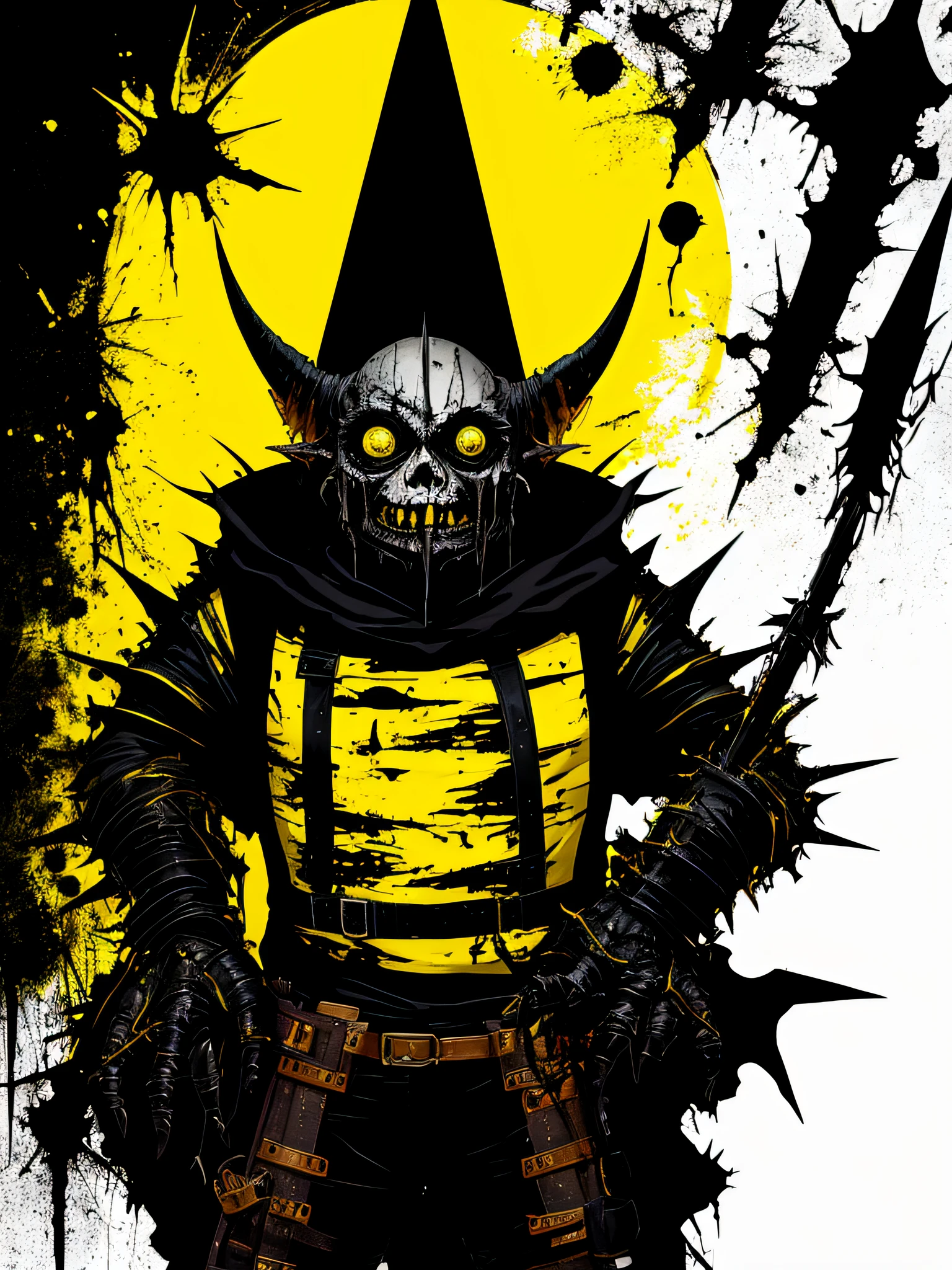 yellow and black, a medieval deformed goblin with sharp claws, in the style of Mork Borg, strong contrast, grunge dirty punk splash art, black metal zine