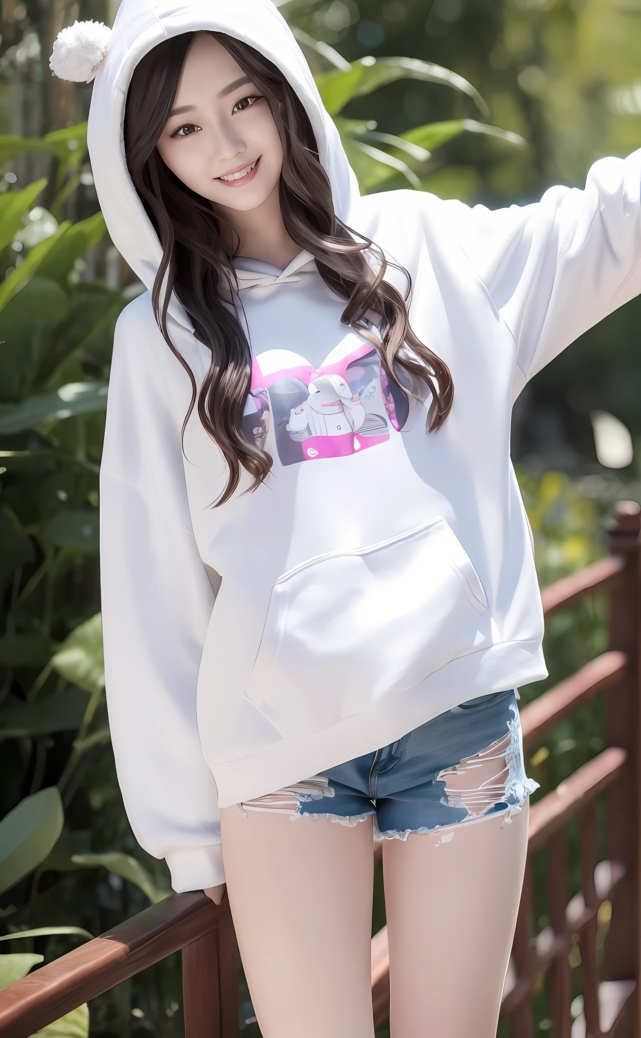 Realism, 8k, 1girl, long wavy curls, pale skin (Chinese beauty), (smiling) young beauty, thick eyebrows, ((d cups)), hoodie ((good figure)), (tight) shorts, small waist, wide thighs, standing one thigh up, wide thigh gap, legs apart