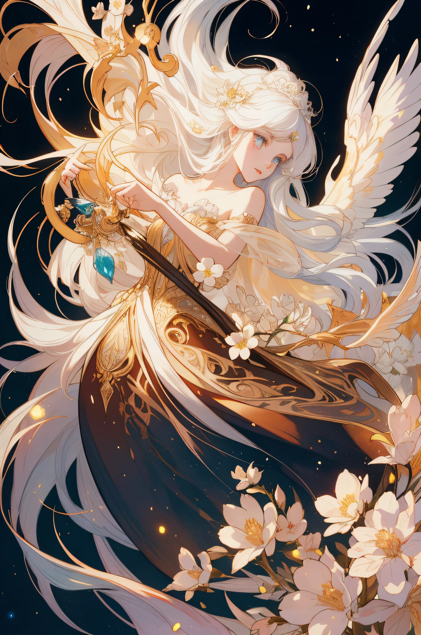 ((gorgeous princess)), (with long flowing white hair), (bright and beautiful eyes), trending on Art Station, flower of hope by Jean-Honor Fragonard, Peter mohrbacher, super detailed, crazy details , stunning sophisticated elite art nouveau ornate liquid wax elegant luxurious greg rutkowski ink style sticker vector art beautiful character design double exposure shot luminous design, winning entry, masterpiece, amoled black background,