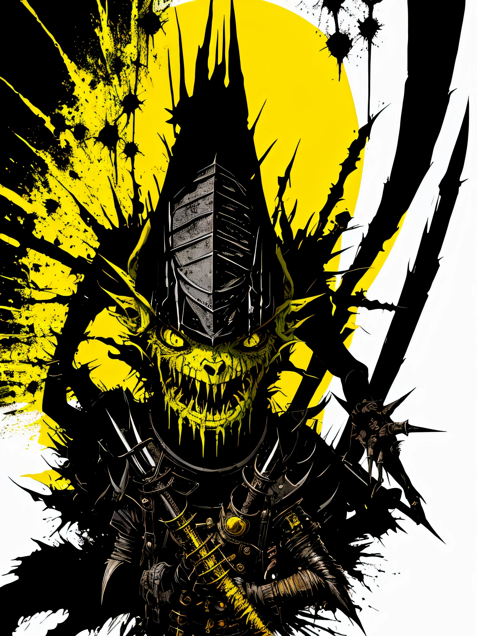 yellow and black, a medieval deformed goblin with sharp claws, in the style of Mork Borg, strong contrast, grunge dirty punk splash art, black metal zine