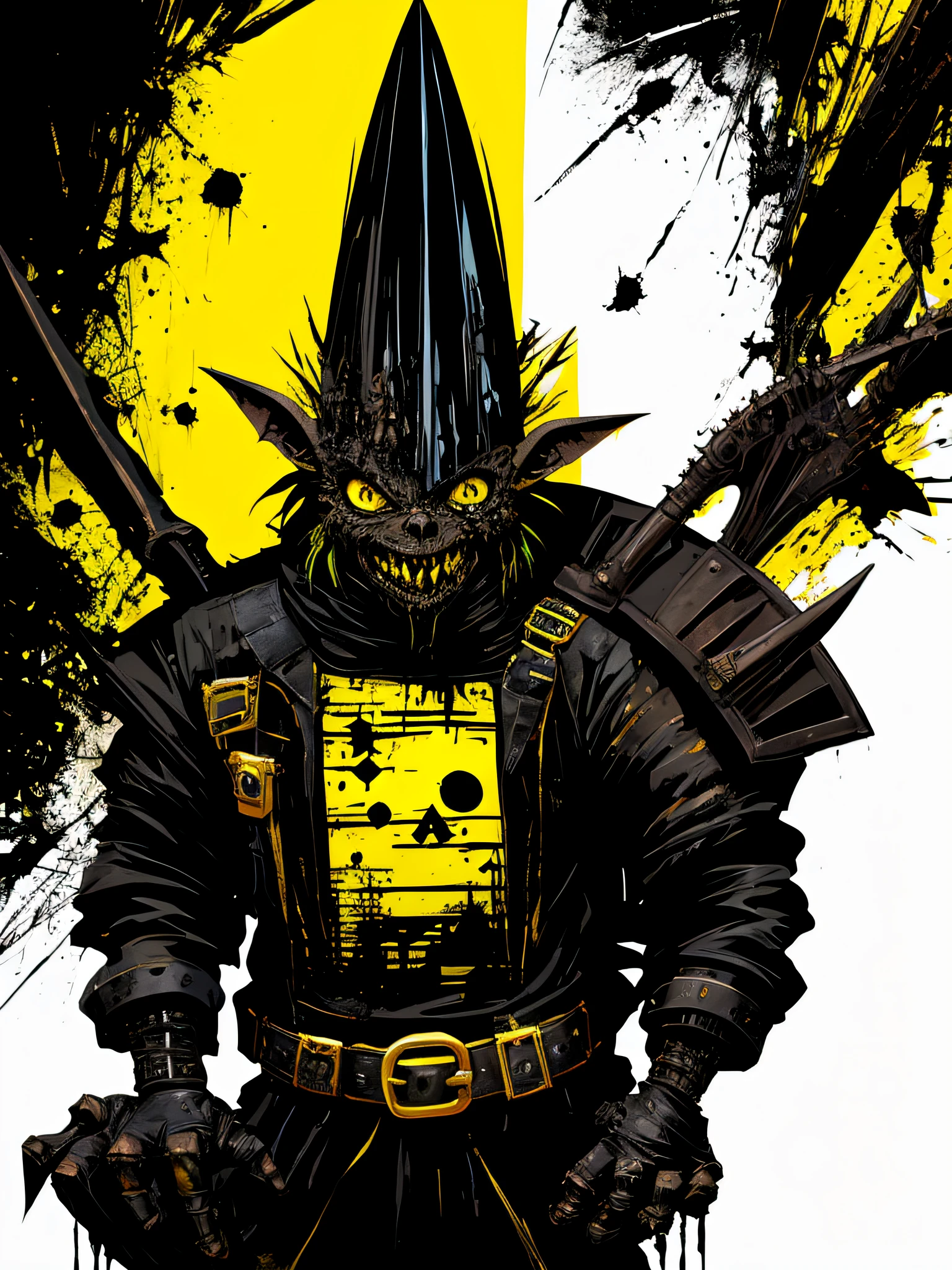 yellow and black, a medieval deformed goblin with sharp claws, in the style of Mork Borg, strong contrast, grunge dirty punk splash art, black metal zine