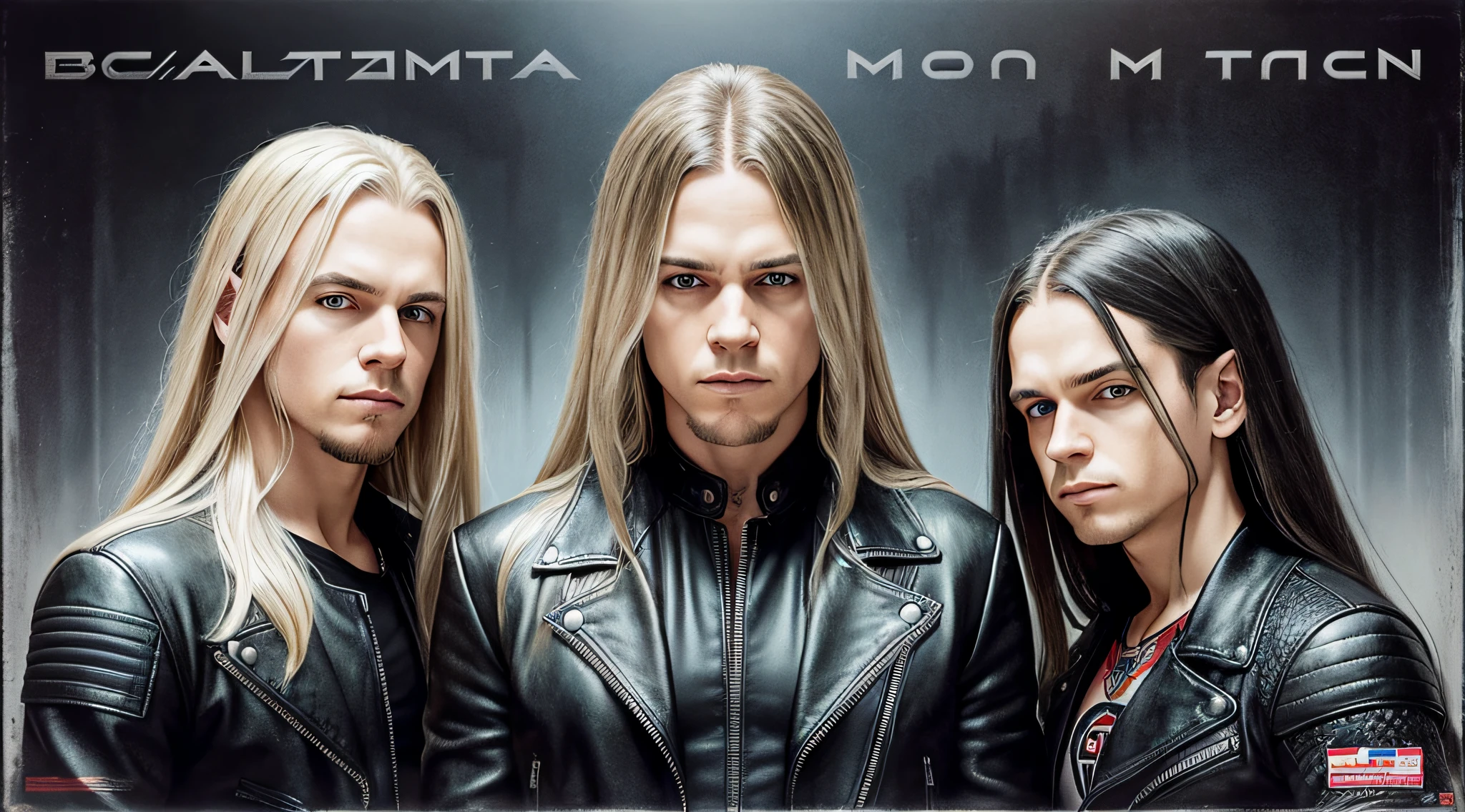 3 BOYS Russian children with 20 years WITH LONG STRAIGHT BLONDE HAIR, LEATHER JACKET AND BLACK CLOTHING, PORTRAIT STYLE, a closeup, album cover, evil album cover, alternate album cover, metal album cover, album cover, 2 0 0 6 promotional publicity photo, metallica, heavy rock band promotional photo, Drew Struzan Tomasz Alen Kopera, album art, album cover art, Megadeth, Maiden, album, Heavy metal album cover