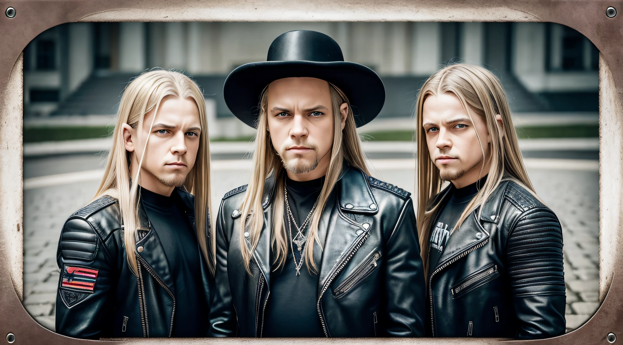3 BOYS Russian children with 20 years WITH LONG STRAIGHT BLONDE HAIR, LEATHER JACKET AND BLACK CLOTHING, PORTRAIT STYLE, a closeup, album cover, evil album cover, alternate album cover, metal album cover, album cover, 2 0 0 6 promotional publicity photo, metallica, heavy rock band promotional photo, Drew Struzan Tomasz Alen Kopera, album art, album cover art, Megadeth, Maiden, album, Heavy metal album cover