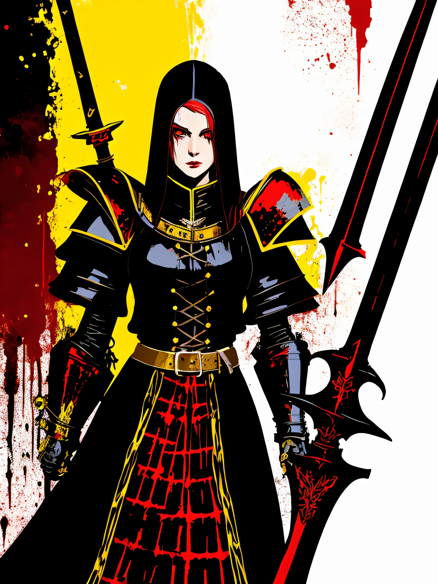 Red, yellow and black, a blonde medieval female black knight with a large sword, in the style of Mork Borg, strong contrast, grunge dirty punk splash art, black metal zine