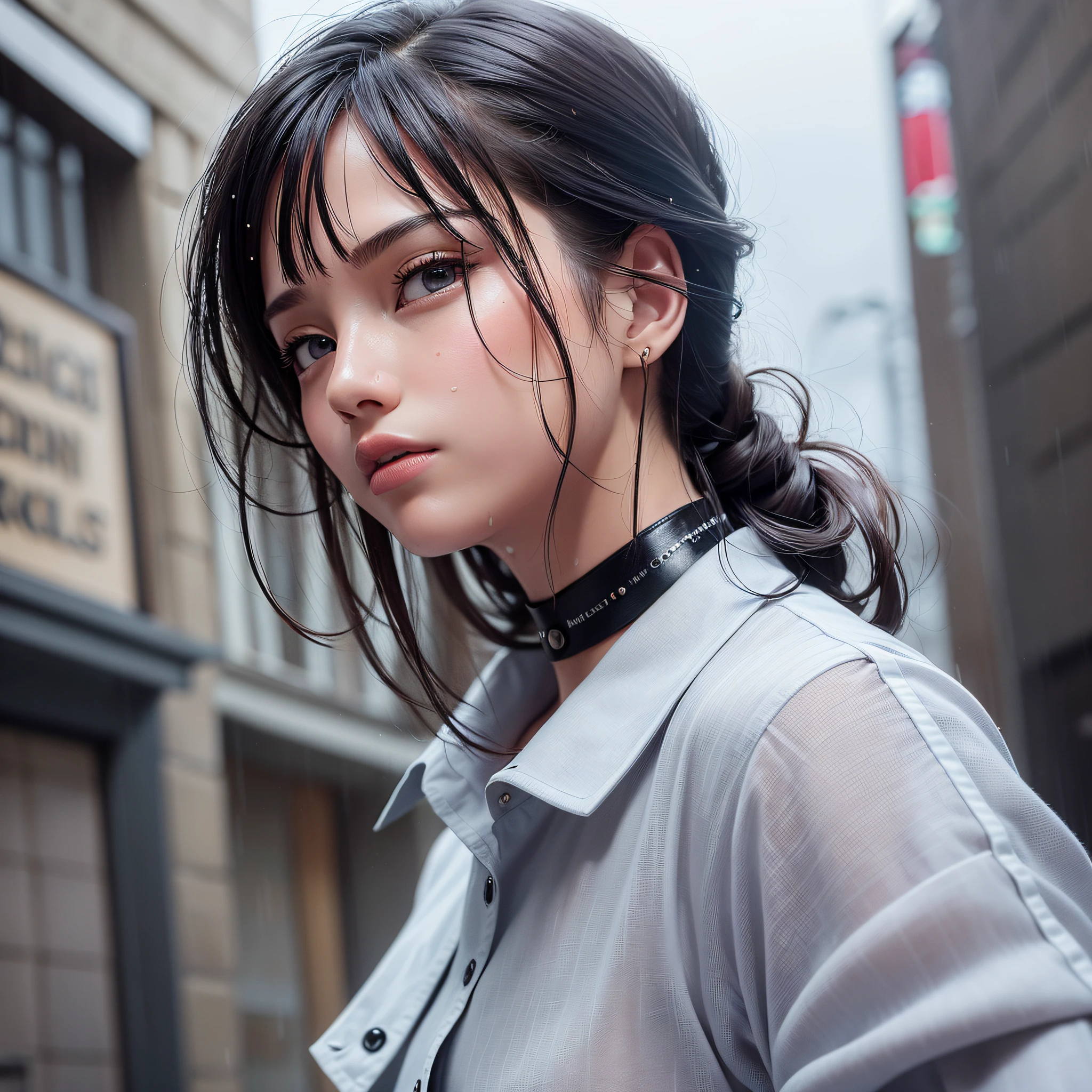 ((Top Quality, 8K, Masterpiece: 1.3)), Sharp: 1.2, Perfect Body Beauty: 1.4, Slim Abs: 1.2, ((Layered Hairstyle, Small: 1.2)), 1 person, (Wet White Button Long Shirt: 1.1), Button Not Fastened, Shirt Dress, Slender Thighs, Choker, Braided Boots, Soft Clear Cloth, (Rain, Street: 1.2), Wet: 1.5, highly detailed face and skin texture, detailed eyes, double eyelids, side view camera, no underwear