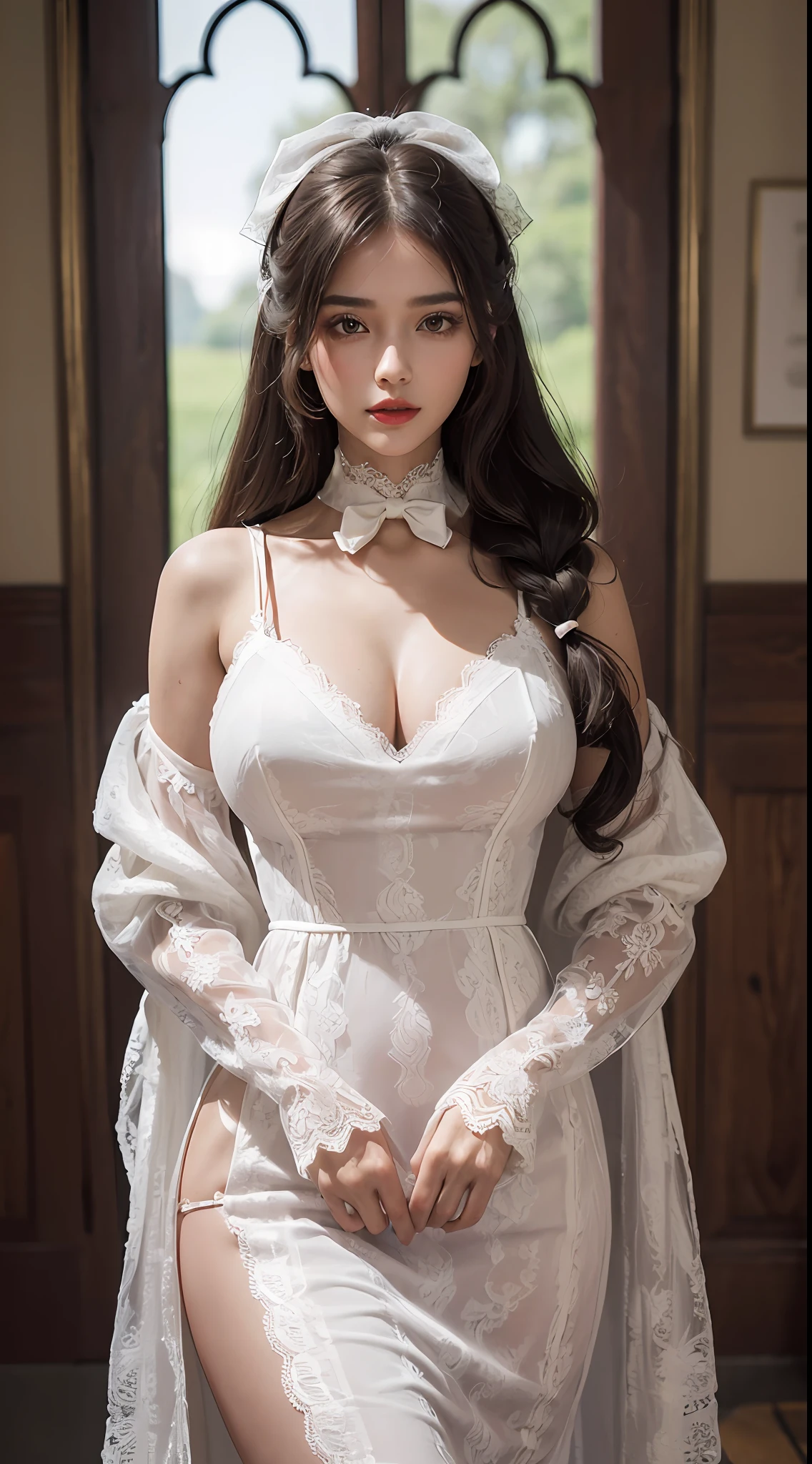 ((top quality, 8k, masterpiece: 1.3)), 1 girl, beauty: 1.2, (random hairstyle), ((bow lace long dress)), (gaze at the loved one), super detailed face, detailed eyes, double eyelids, long hair, (((large)), correct anatomy, perfect body, standing, long legs, red lips, big breasts, in the castle