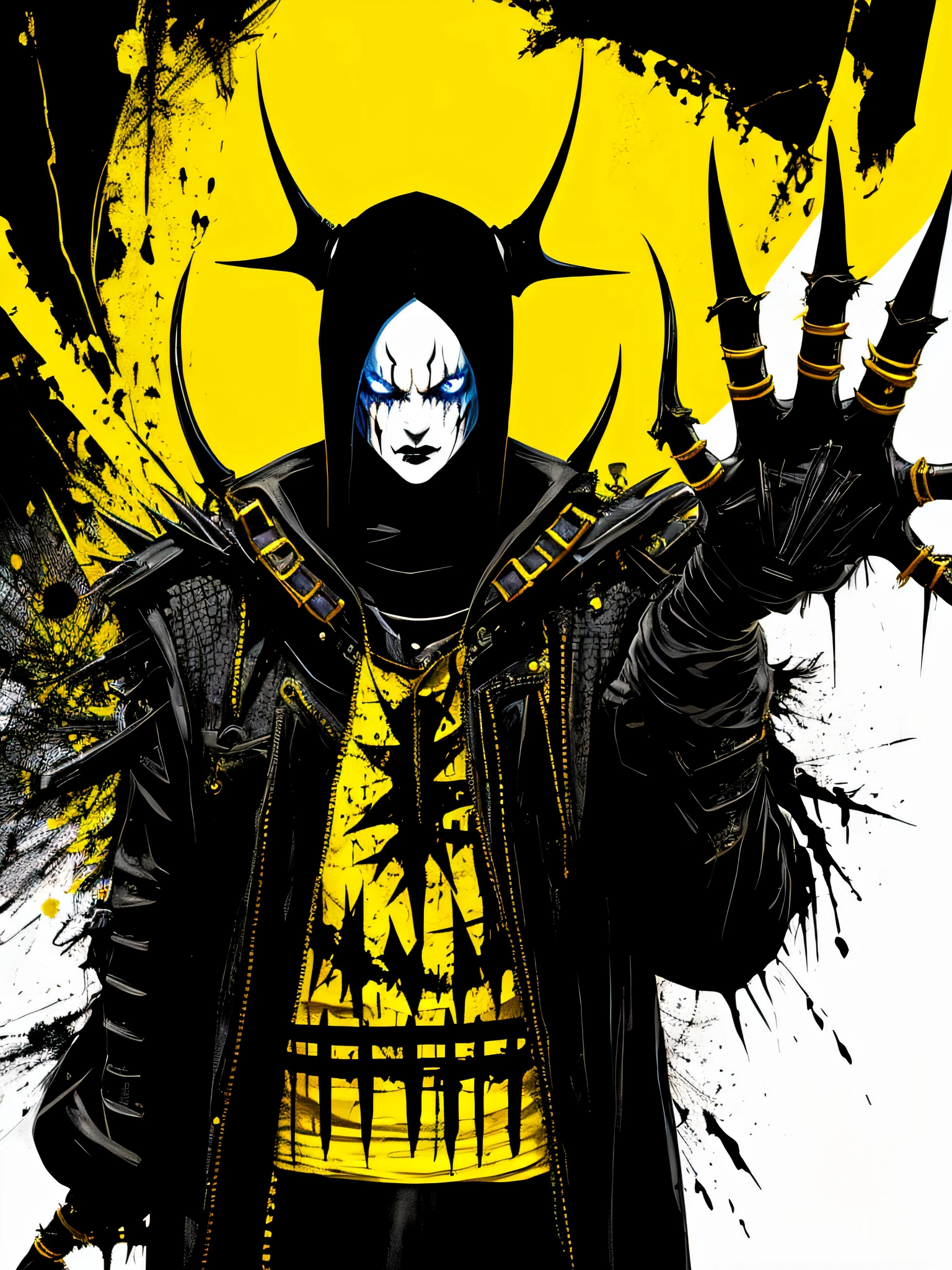 yellow and black, a medieval deformed demon with sharp claws, in the style of Mork Borg, strong contrast, grunge dirty punk splash art, black metal zine