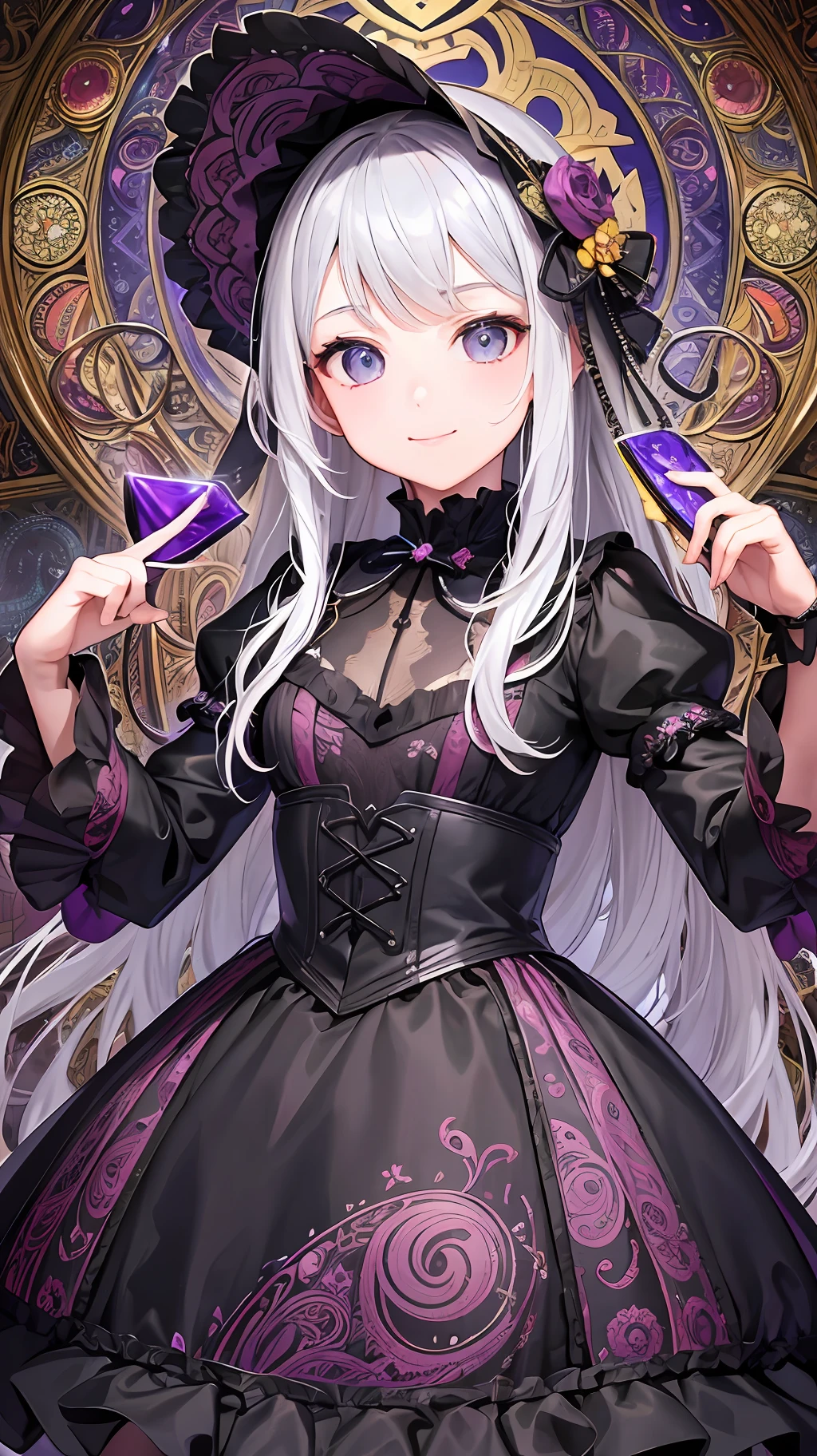 Masterpiece, High Resolution, Paisley Pattern Wallpaper, Intricately Drawn Paisley Pattern, 10,000 Colors, Colorful, Craftsmanship, 1 Girl, 9 Figures, Looking at the Viewer, Smiling, Silver Hair, Okabo, Diamond Sparkle, Colorful Decoration, Grains of Light Dancing, Detailed Gothic Style (Maximalism: 1.5), Diffused Lighting, (Depth of Field: 1.8), Gothic Lolita, Diffuse reflection of light, ((background ratio: 80%), (background: 70%, person: 30%)
