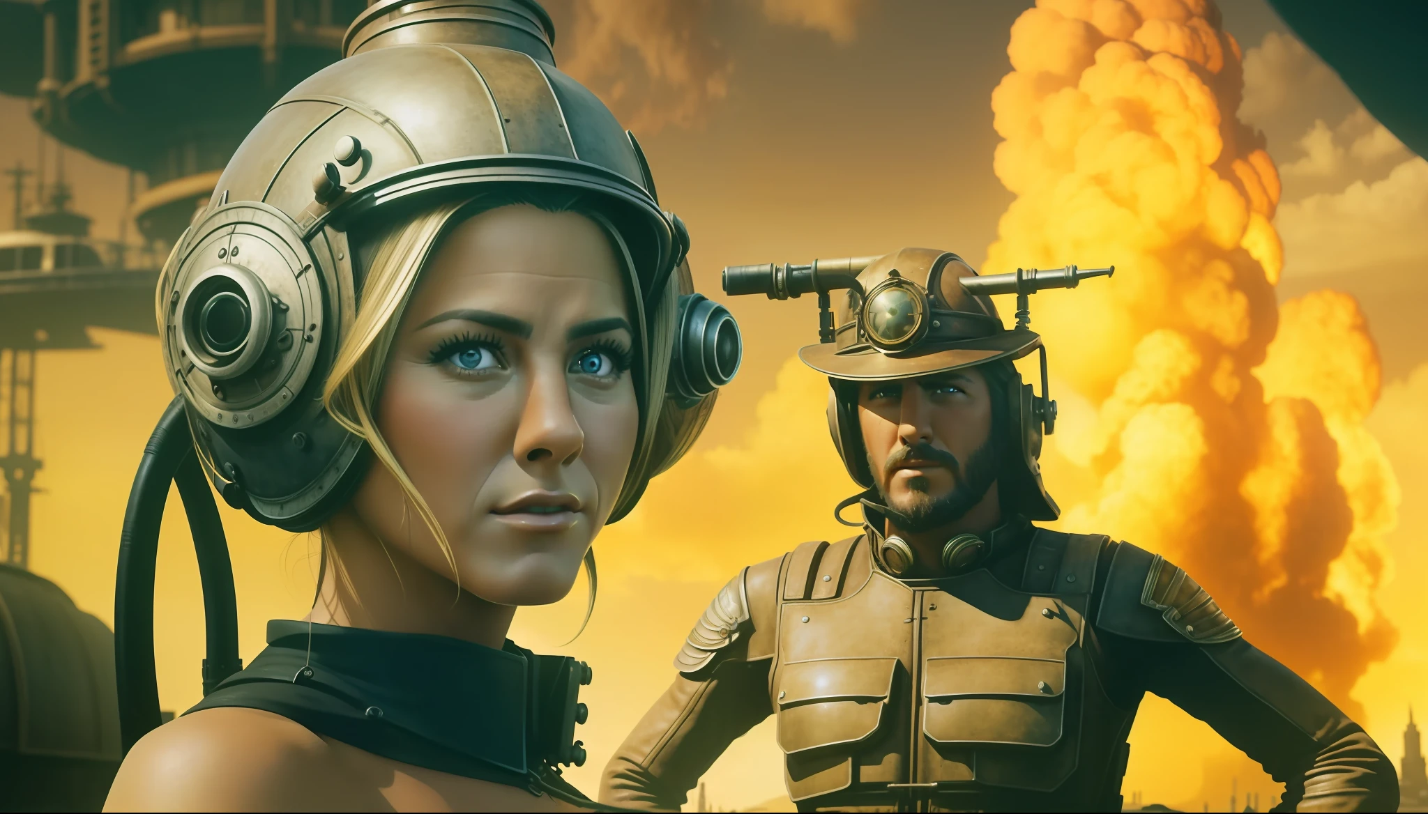 a man and a woman (Jennifer Aniston) standing next to each other, a matte painting by Don Maitz, cgsociety, retrofuturism, reimagined by industrial light and magic, steampunk, matte painting